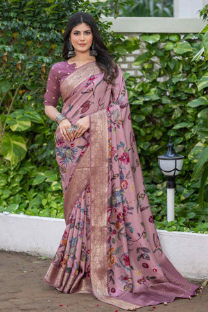 Mauve Floral Printed Viscose Saree