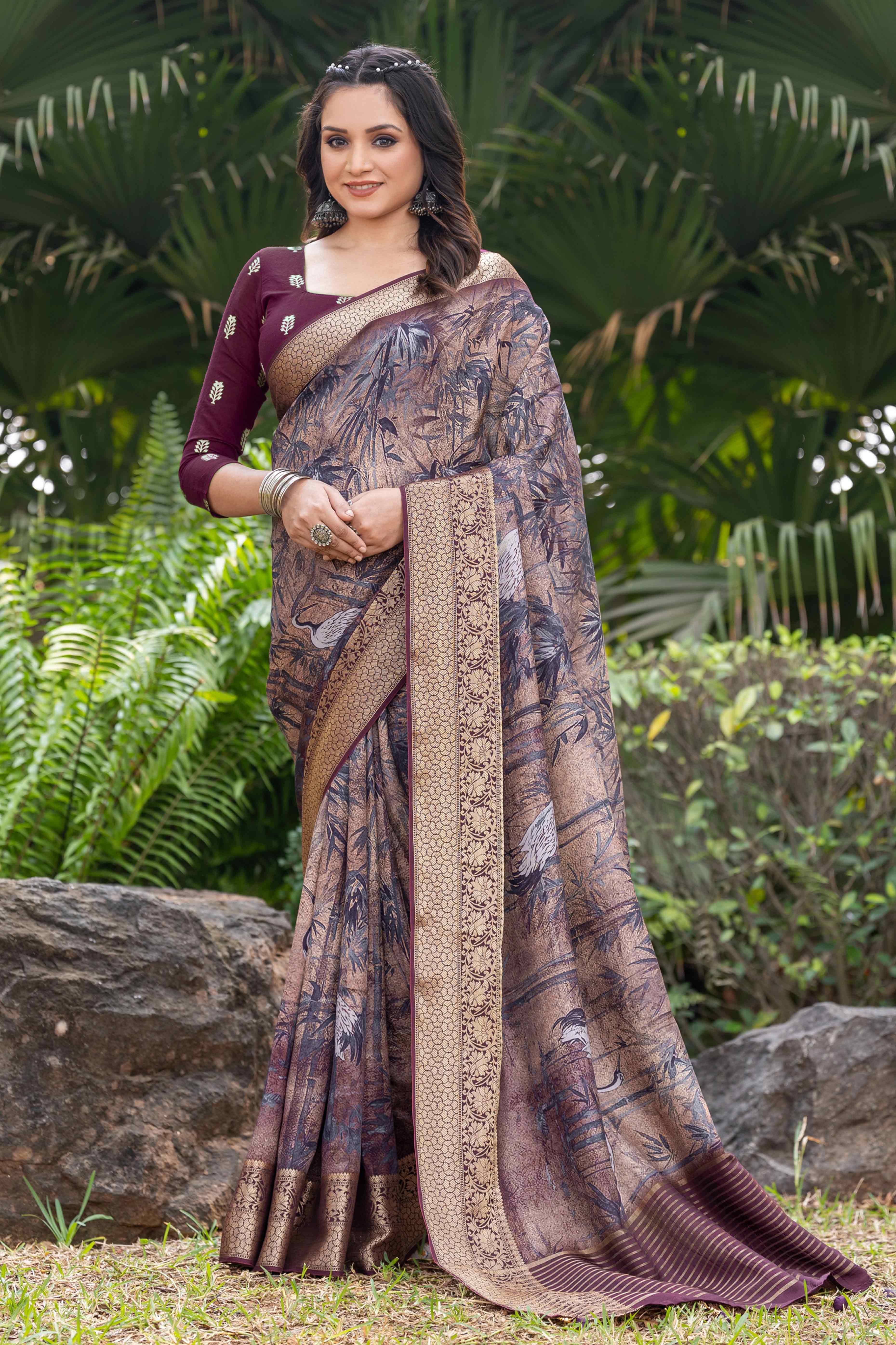 Beige Floral Printed Viscose Saree