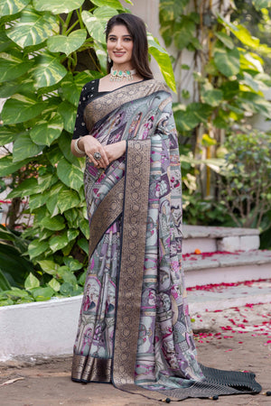 Grey Abstract Print Printed Viscose Saree
