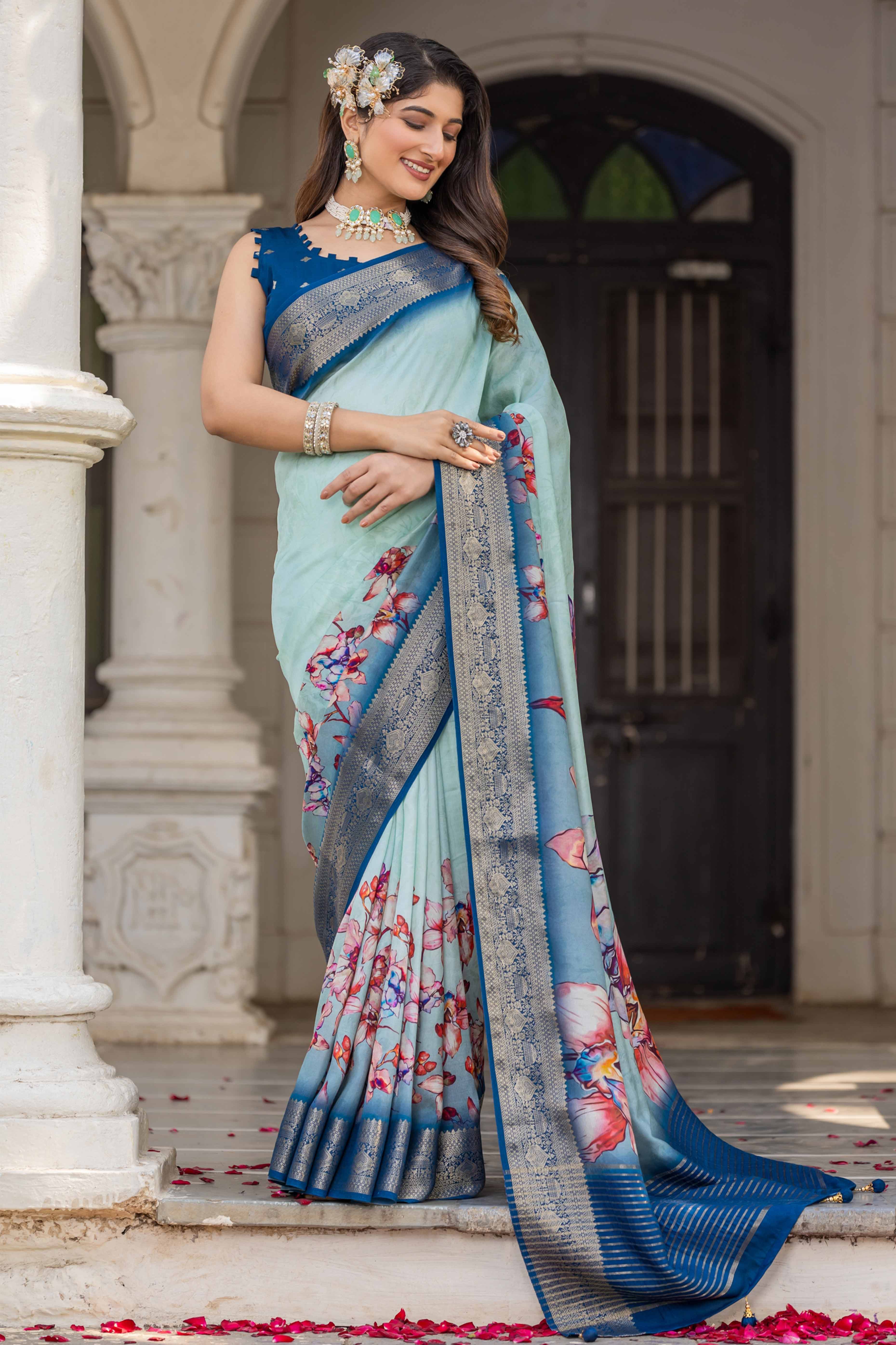 Sea Green Floral Printed Viscose Saree