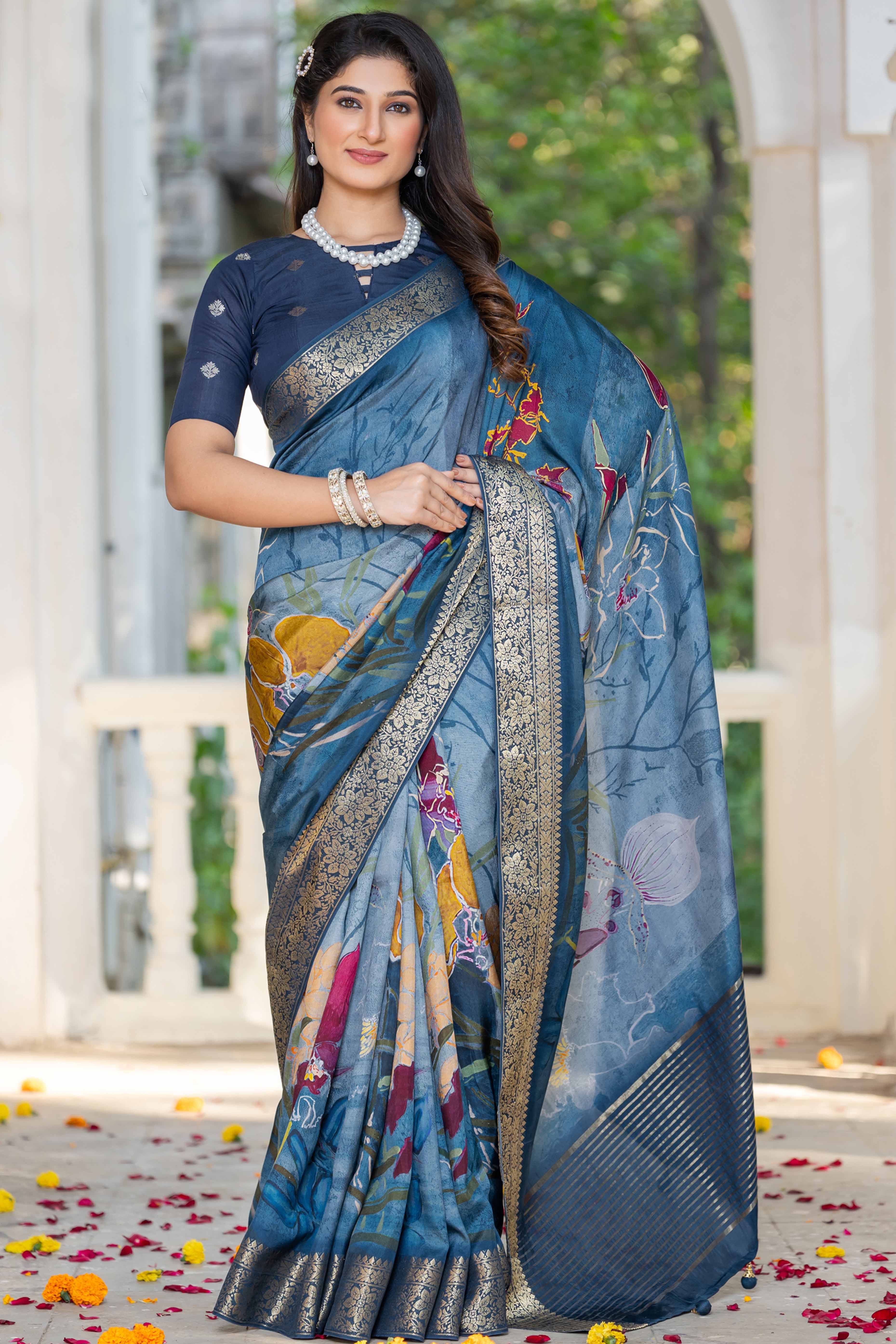 Teal Floral Printed Viscose Saree