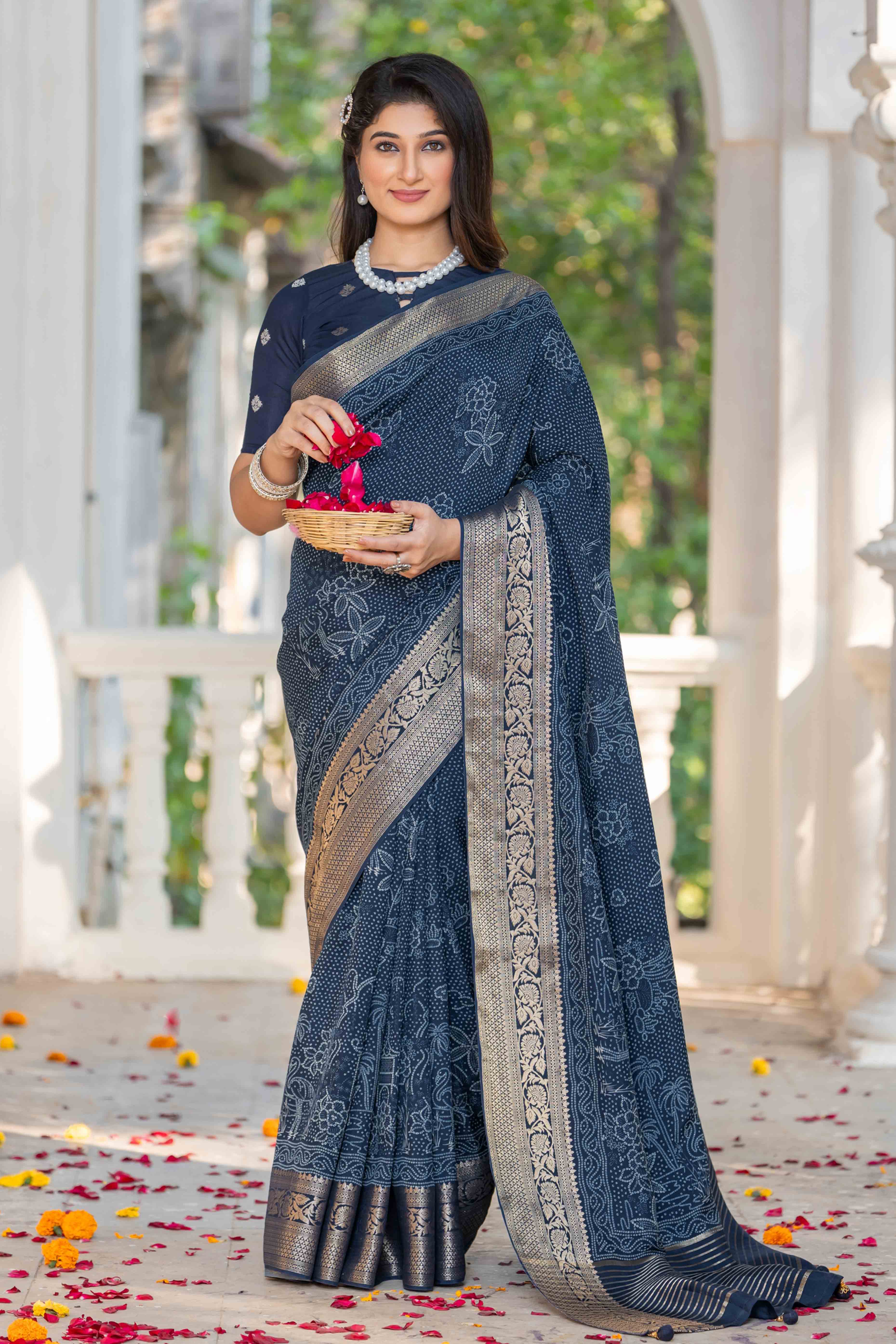 Navy Blue Bandhani Printed Viscose Saree
