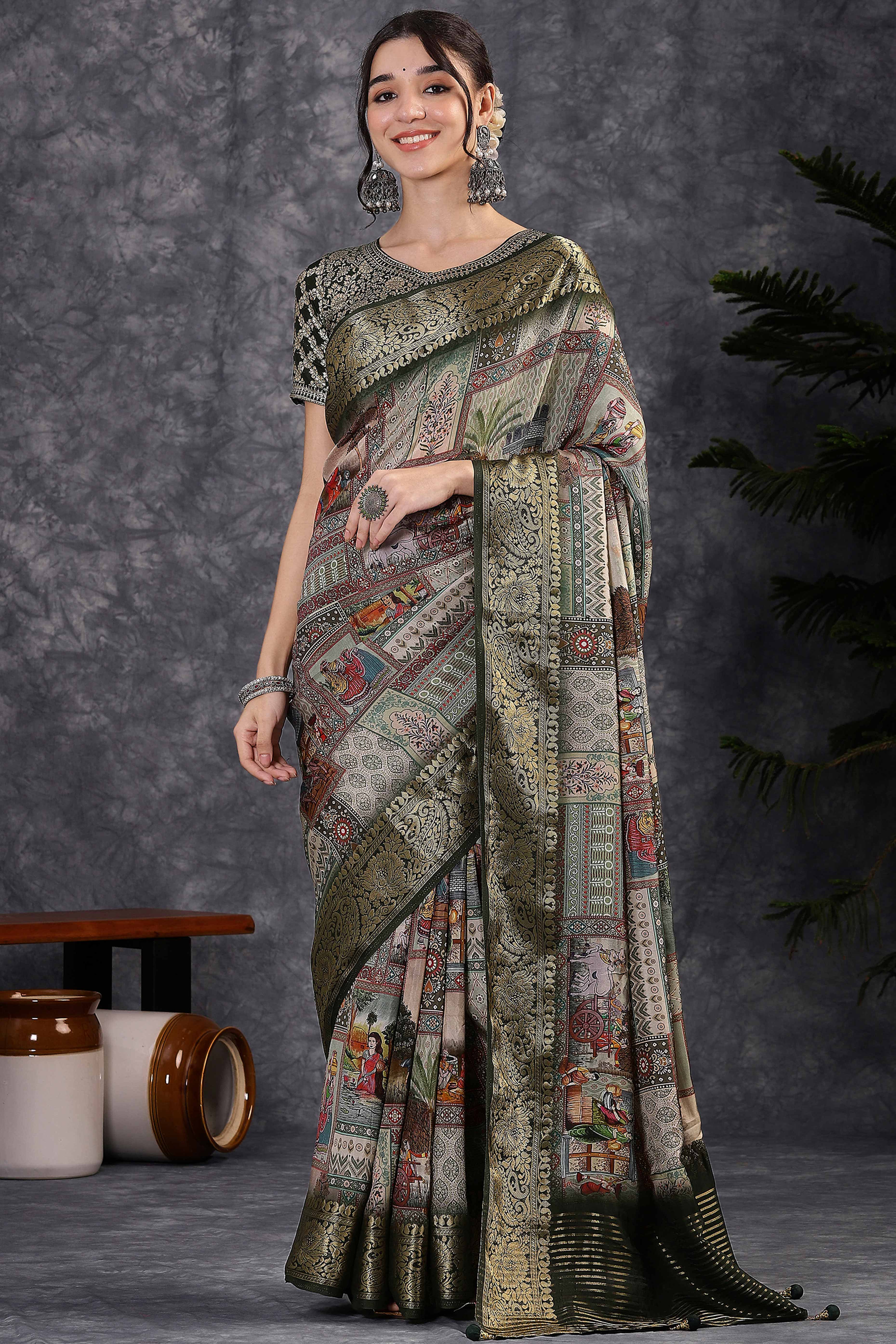 Light Olive Artistic Print Saree in Dola Silk with Woven Border