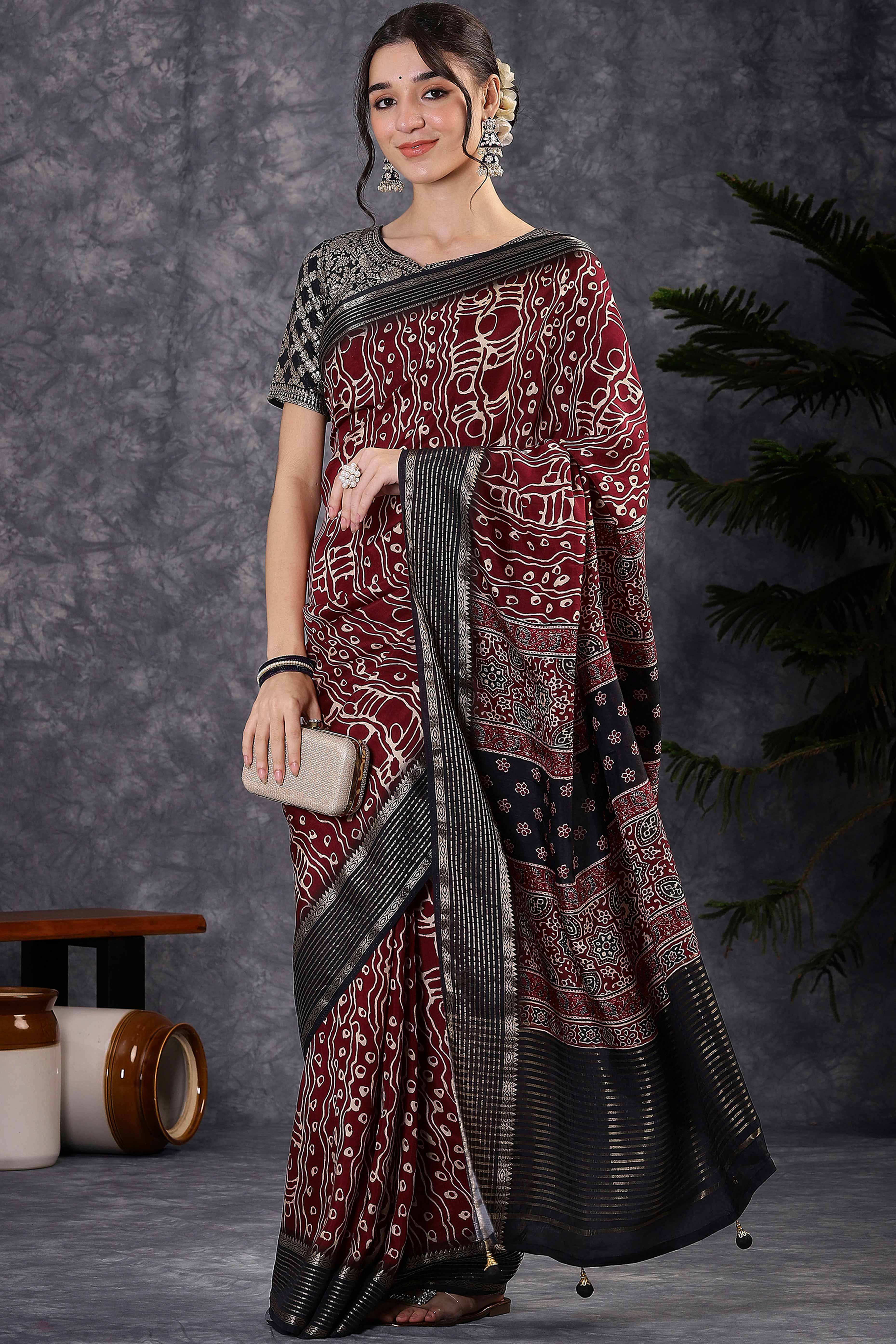 Maroon Artistic Print Saree in Dola Silk with Woven Border