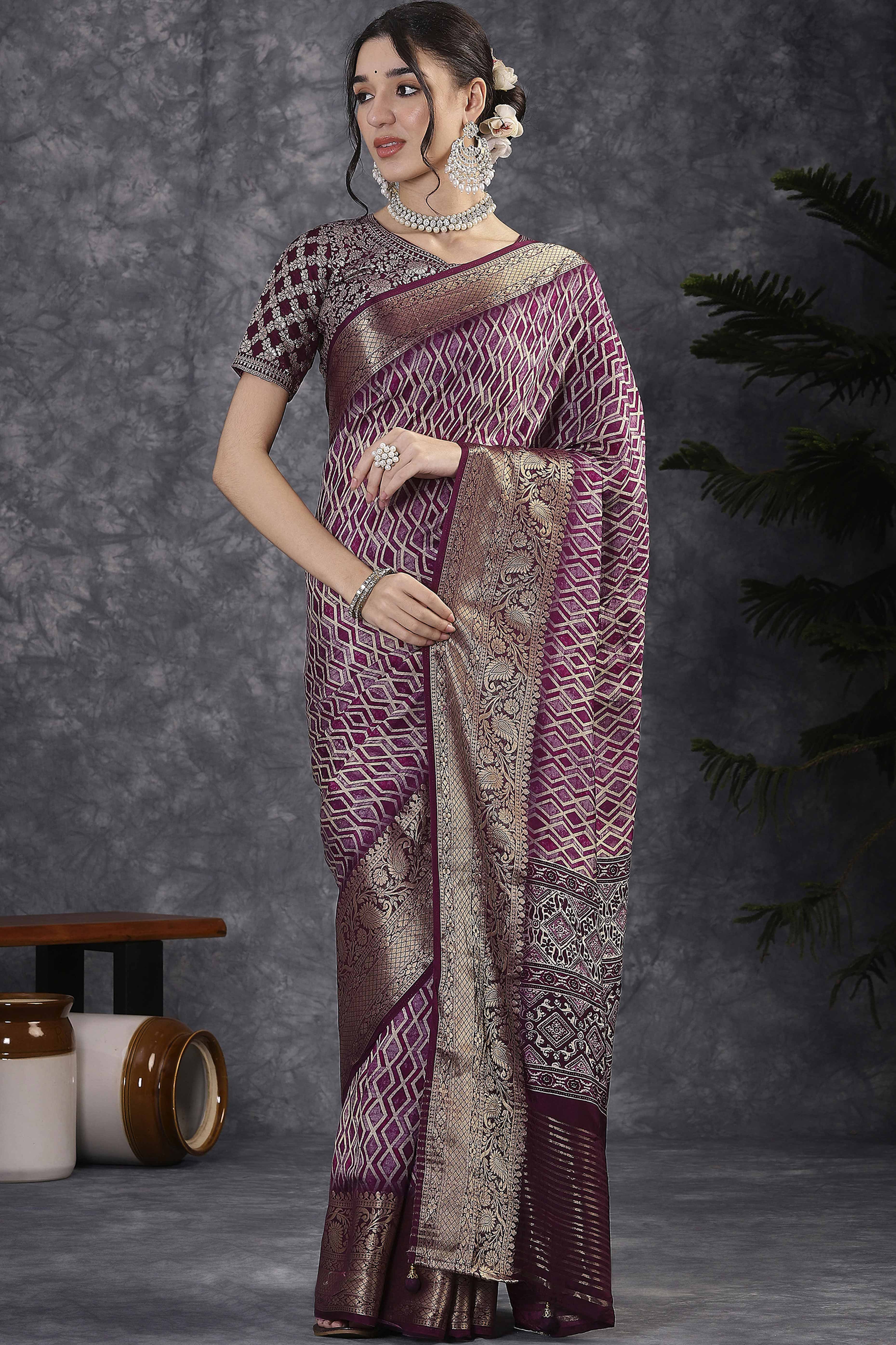 Wine Artistic Print Saree in Dola Silk with Woven Border