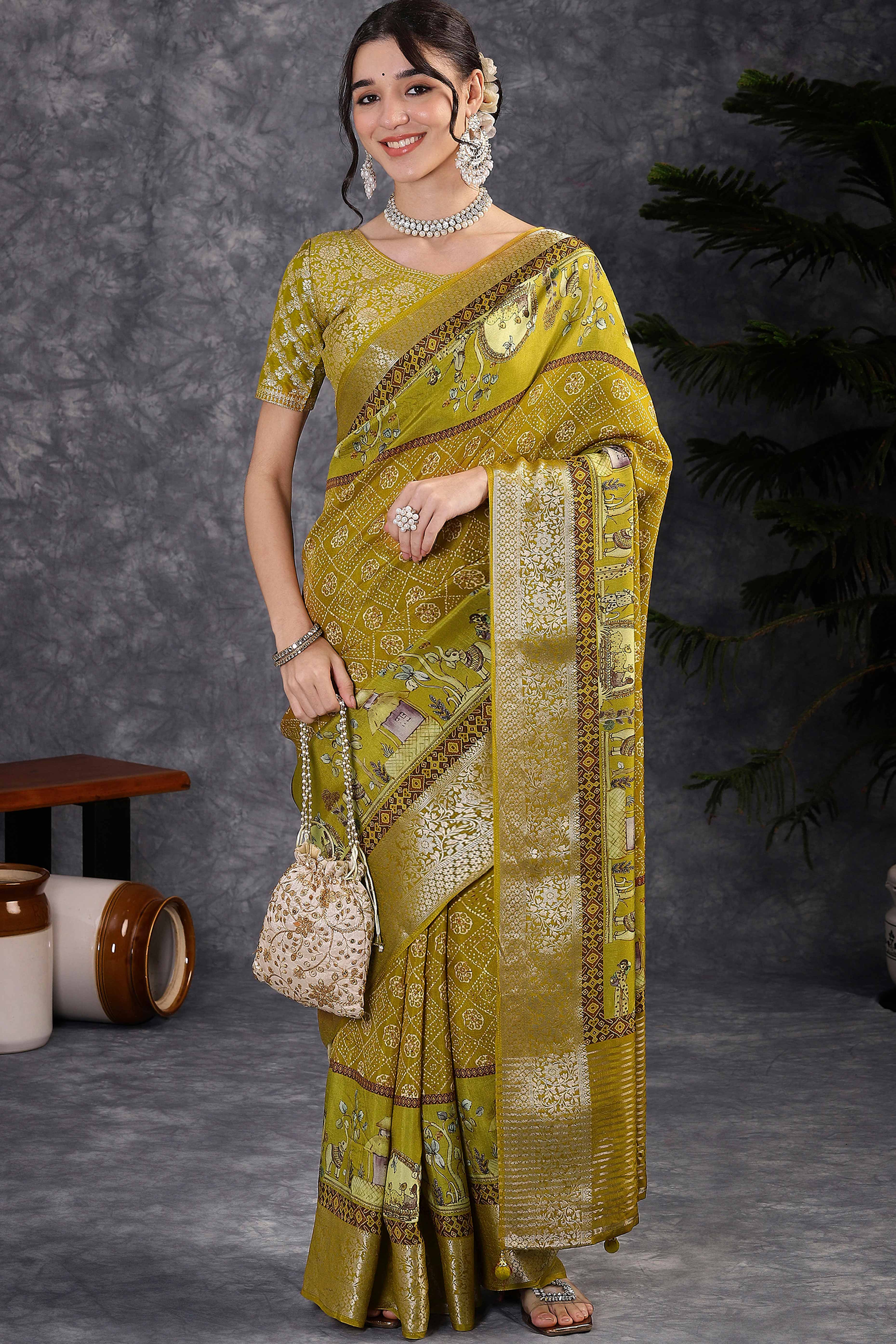 Green Artistic Print Saree in Dola Silk with Woven Border