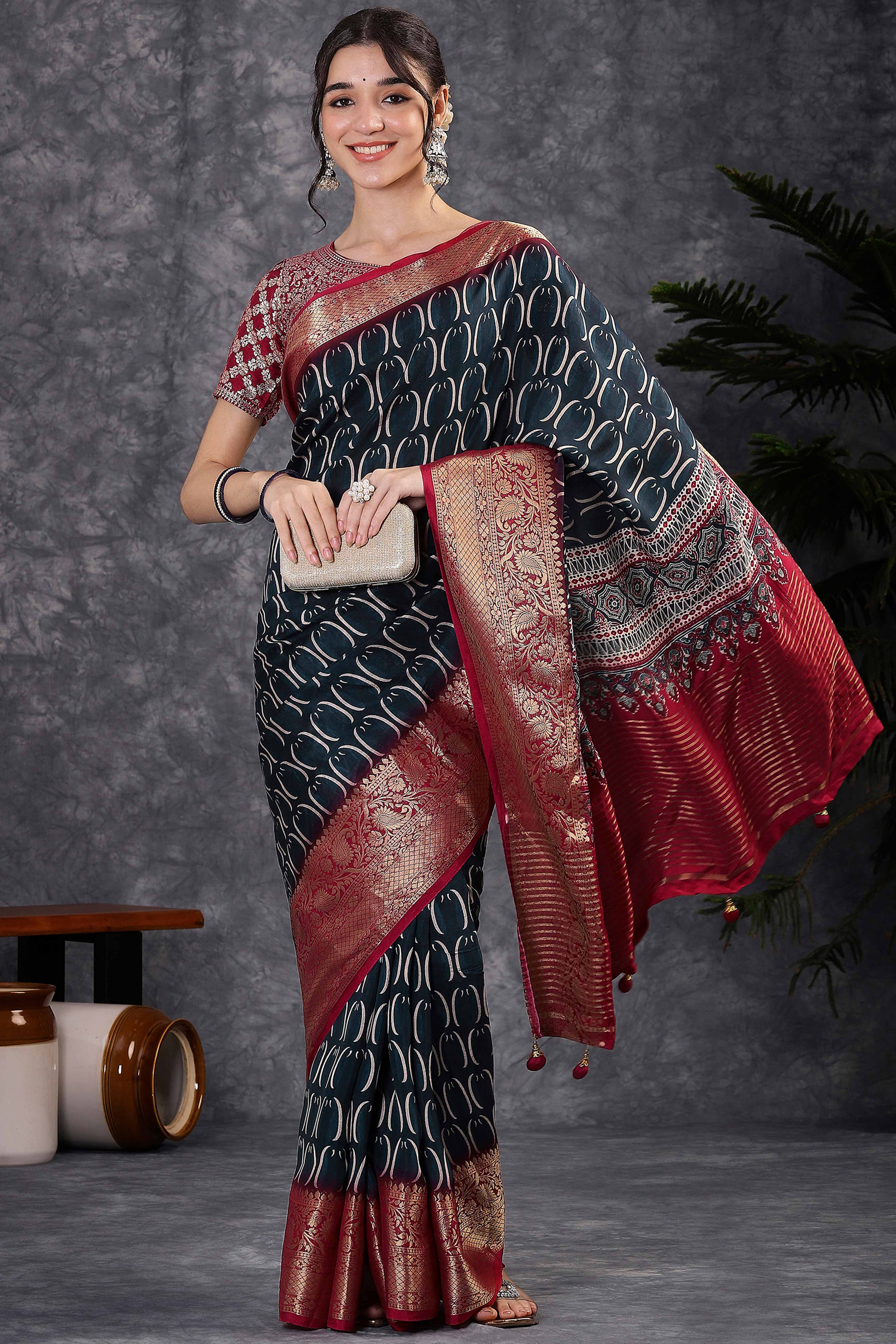 Black Artistic Print Saree in Dola Silk with Woven Border