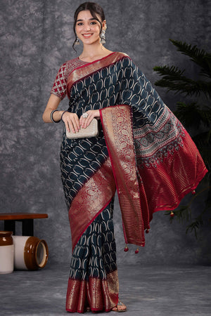 Black Artistic Print Saree in Dola Silk with Woven Border
