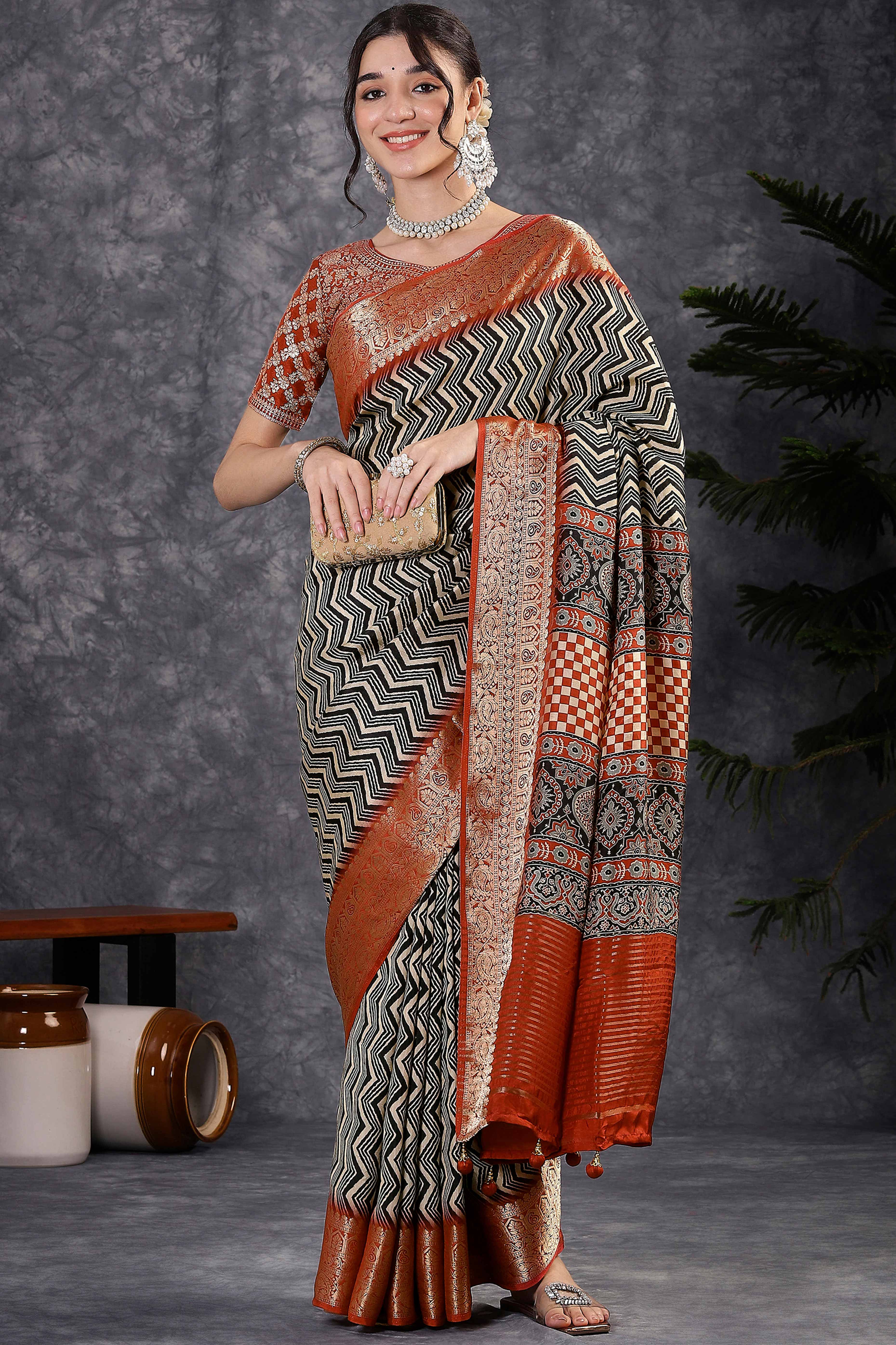 Off White & Black Dola Silk Saree Featuring Abstract Print & Jacquard Border