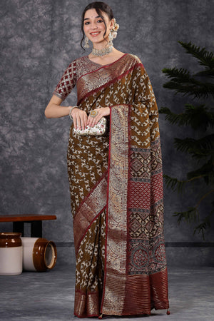 Abstract Pattern Dola Silk Saree in Brown with Jacquard Detailing