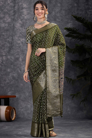 Abstract Pattern Dola Silk Saree in Green with Jacquard Detailing
