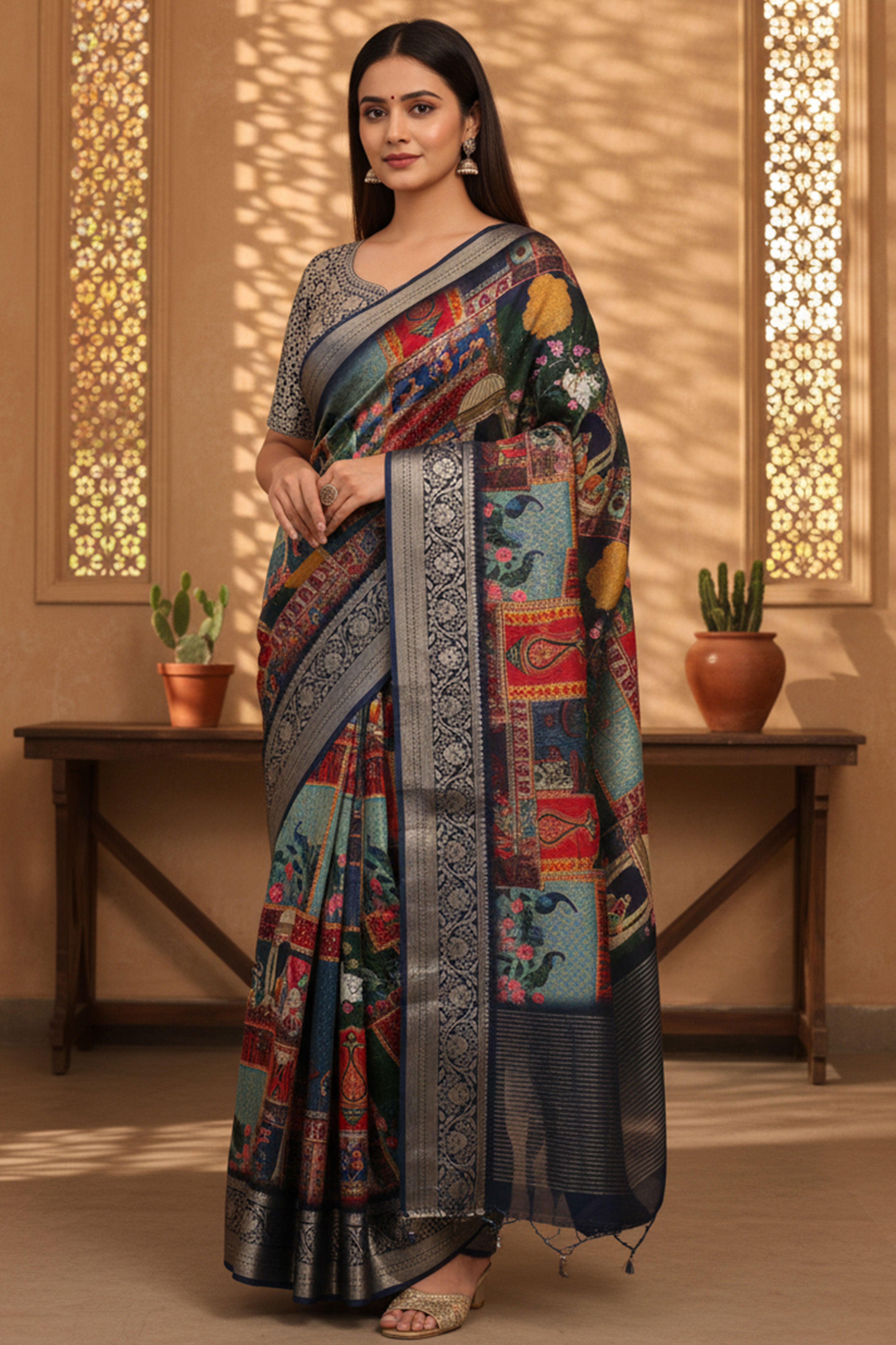 Elegant Multicolor Floral Viscose Saree Highlighted With Intricate Weaving Border & Tassel Pallu