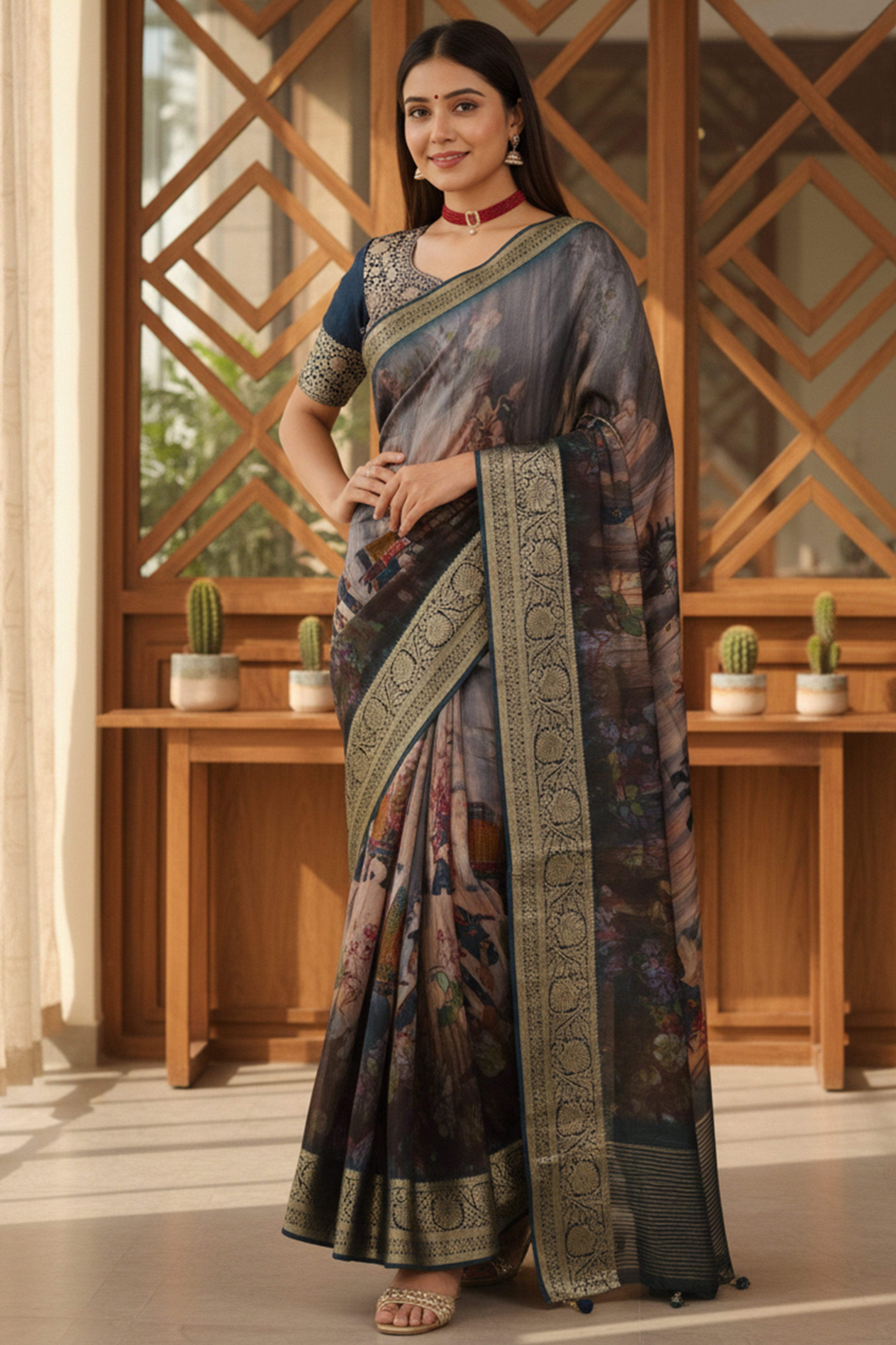 Elegant Multicolor Floral Viscose Saree Highlighted With Intricate Weaving Border & Tassel Pallu
