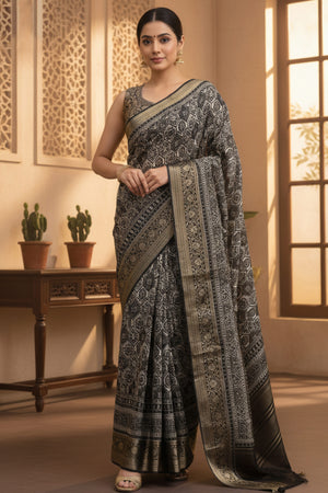 Elegant Black Floral Viscose Saree Highlighted With Intricate Weaving Border & Tassel Pallu