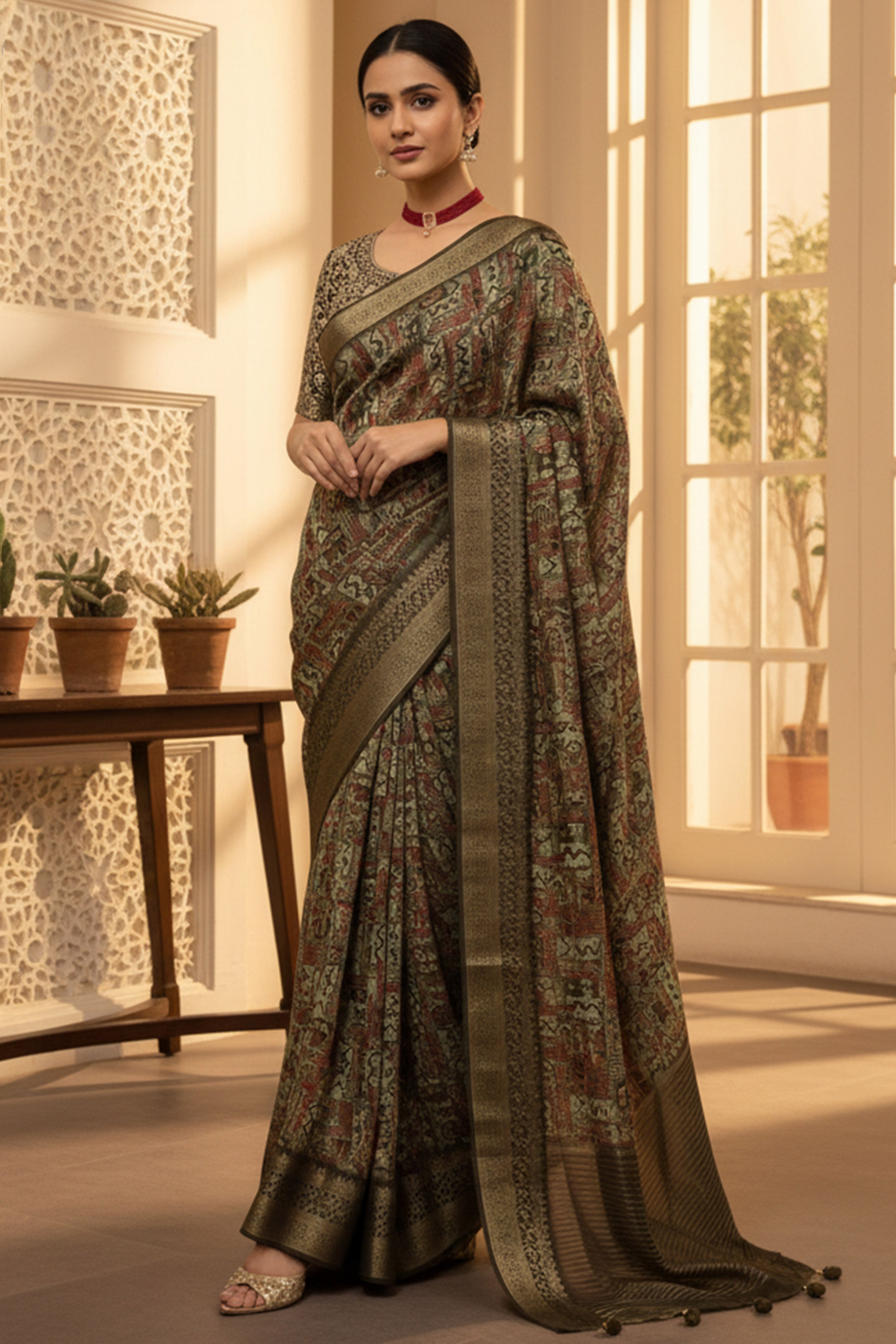 Elegant Brown Floral Viscose Saree Highlighted With Intricate Weaving Border & Tassel Pallu