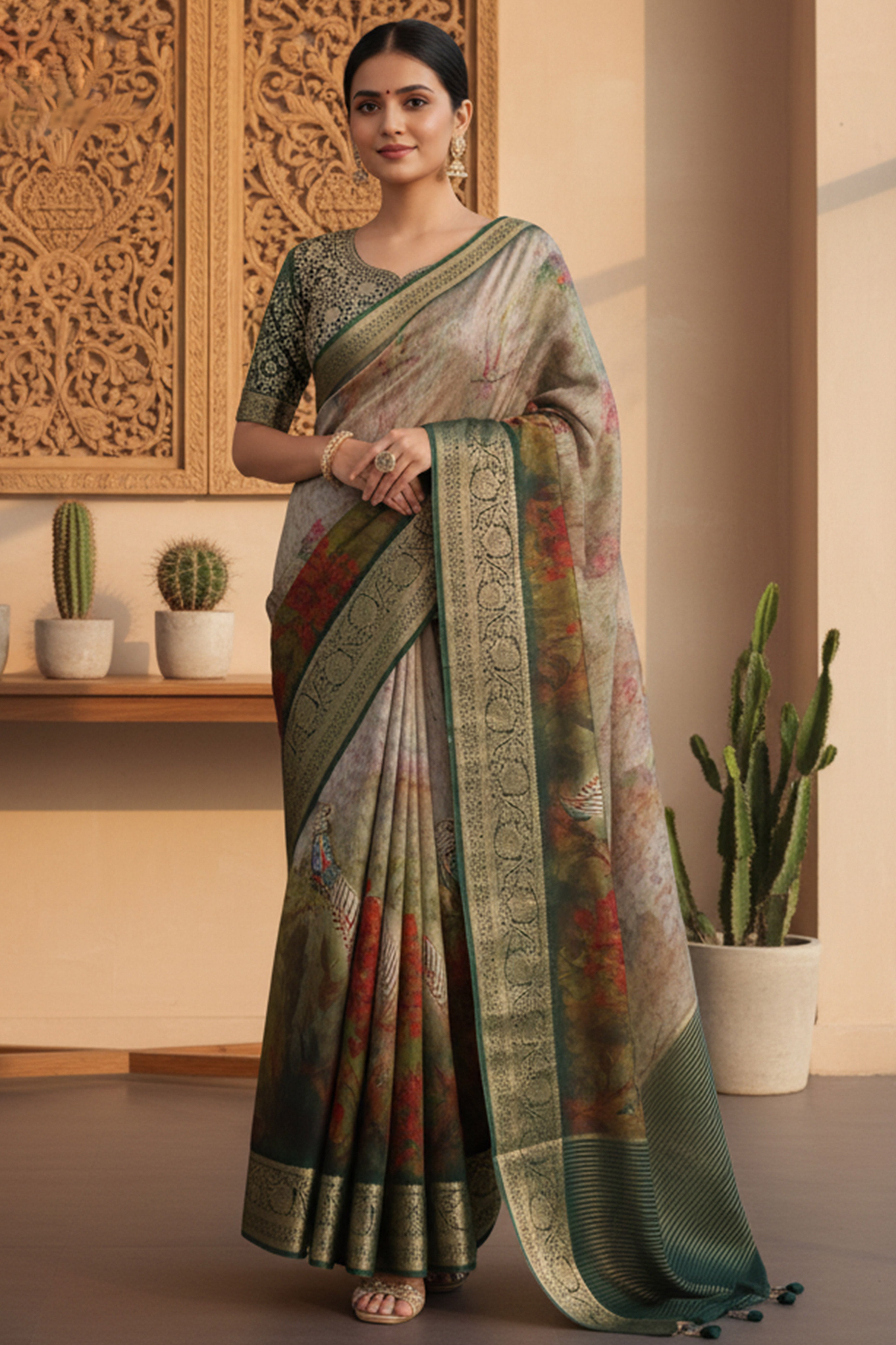 Elegant Green & Brown Floral Viscose Saree Highlighted With Intricate Weaving Border & Tassel Pallu