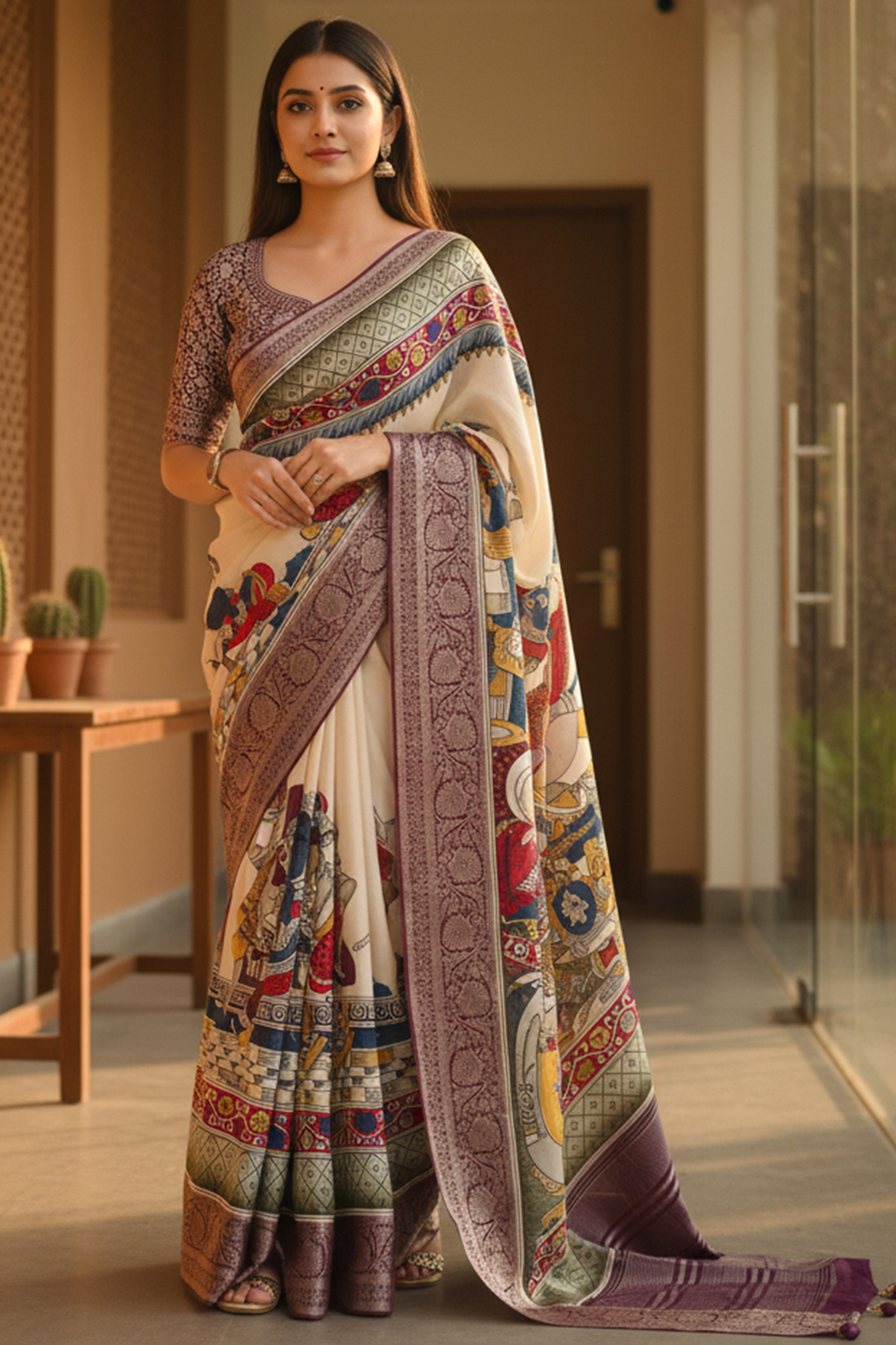 Elegant Cream Floral Viscose Saree Highlighted With Intricate Weaving Border & Tassel Pallu