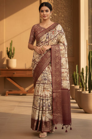 Elegant Cream & Maroon Floral Viscose Saree With Intricate Weaving Border & Tassel Pallu