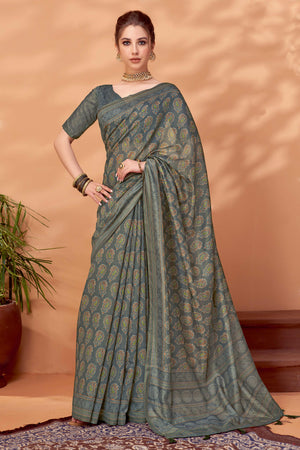 12Grey Handfeel Cotton Silk Saree Adorned with Traditional Ajrakh Motifs
