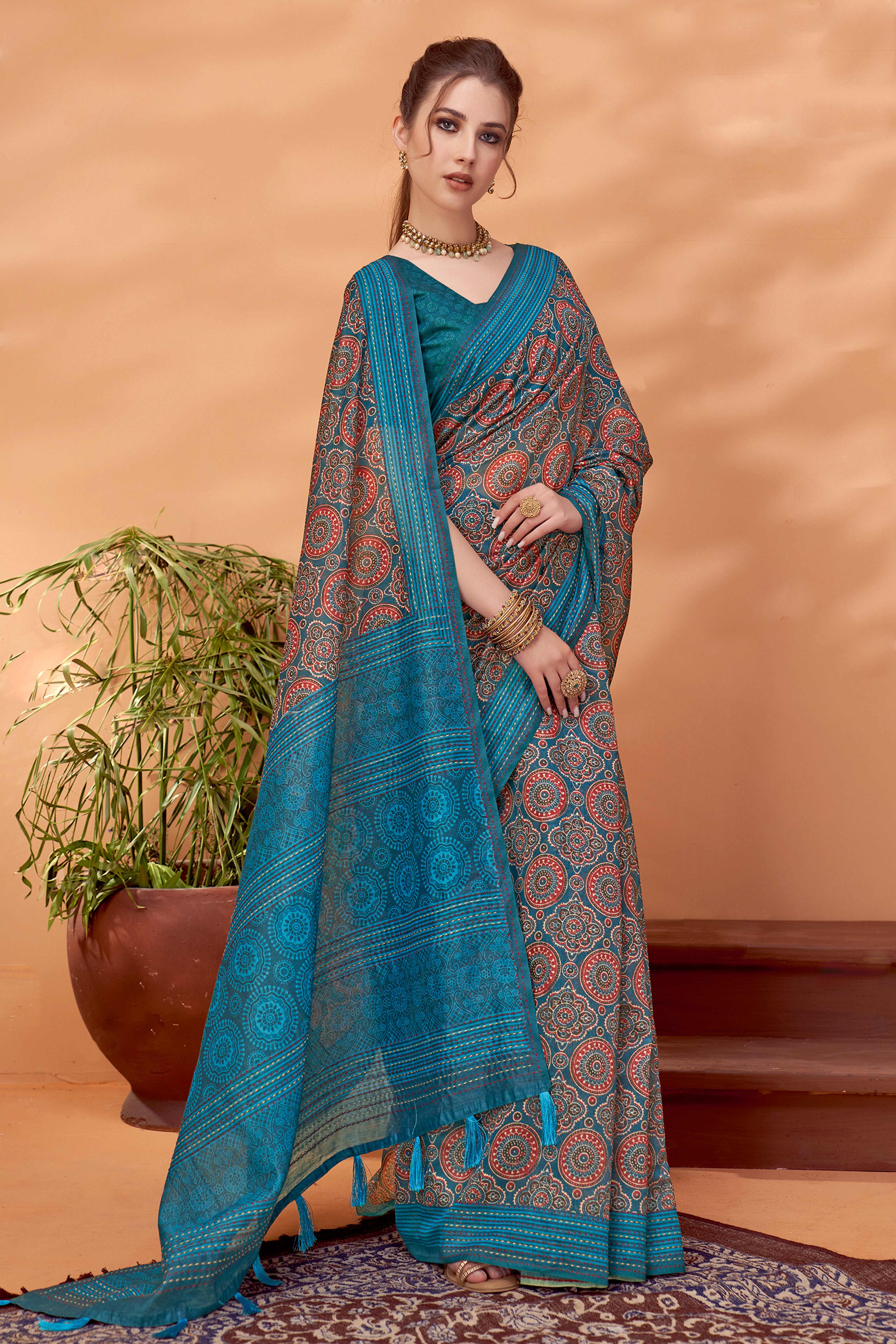 Teal Handfeel Cotton Silk Saree Adorned with Traditional Ajrakh Motifs