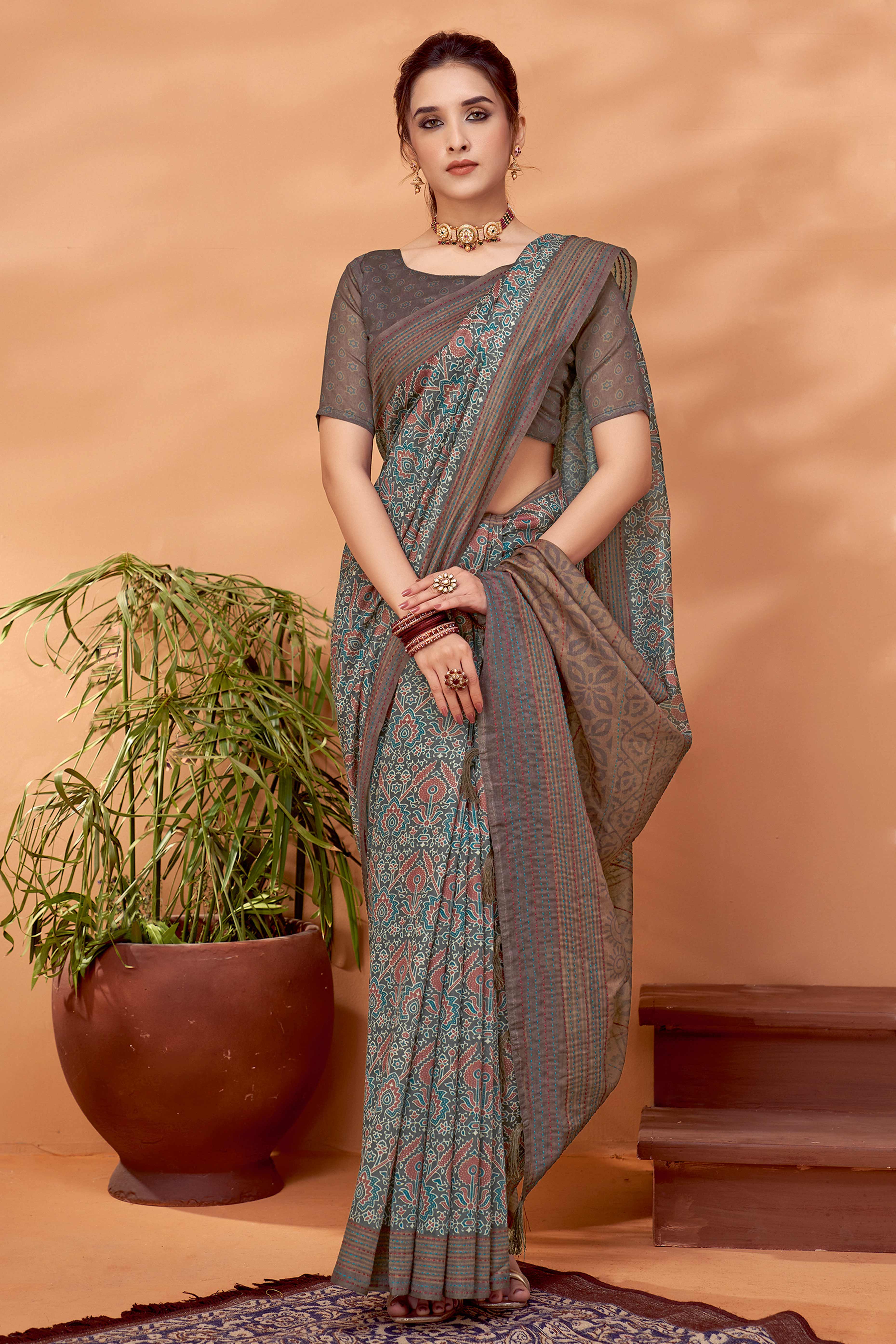 Rustic Brown Handfeel Cotton Silk Saree Adorned with Traditional Ajrakh Motifs