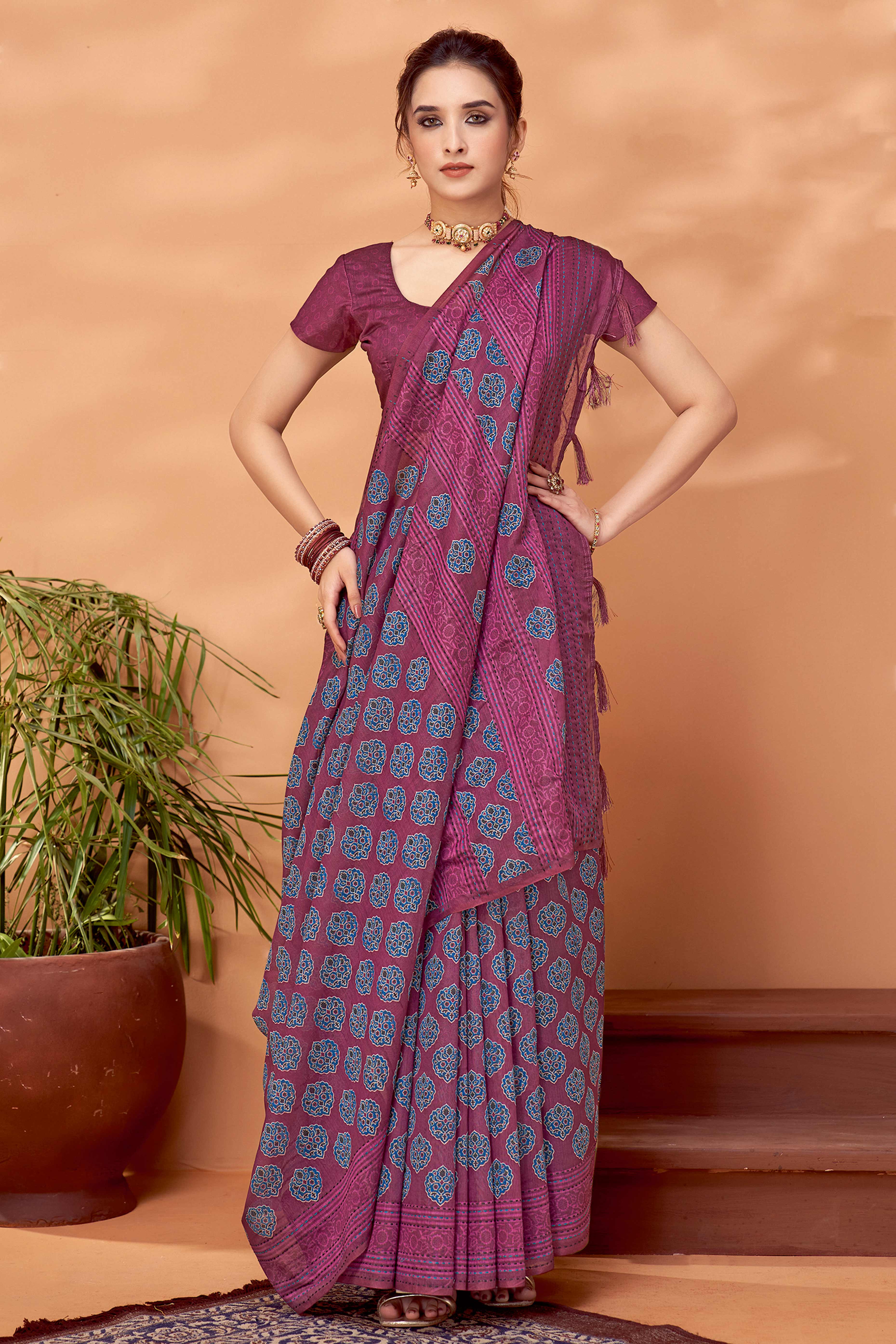 Wine Handfeel Cotton Silk Saree Adorned with Traditional Ajrakh Motifs
