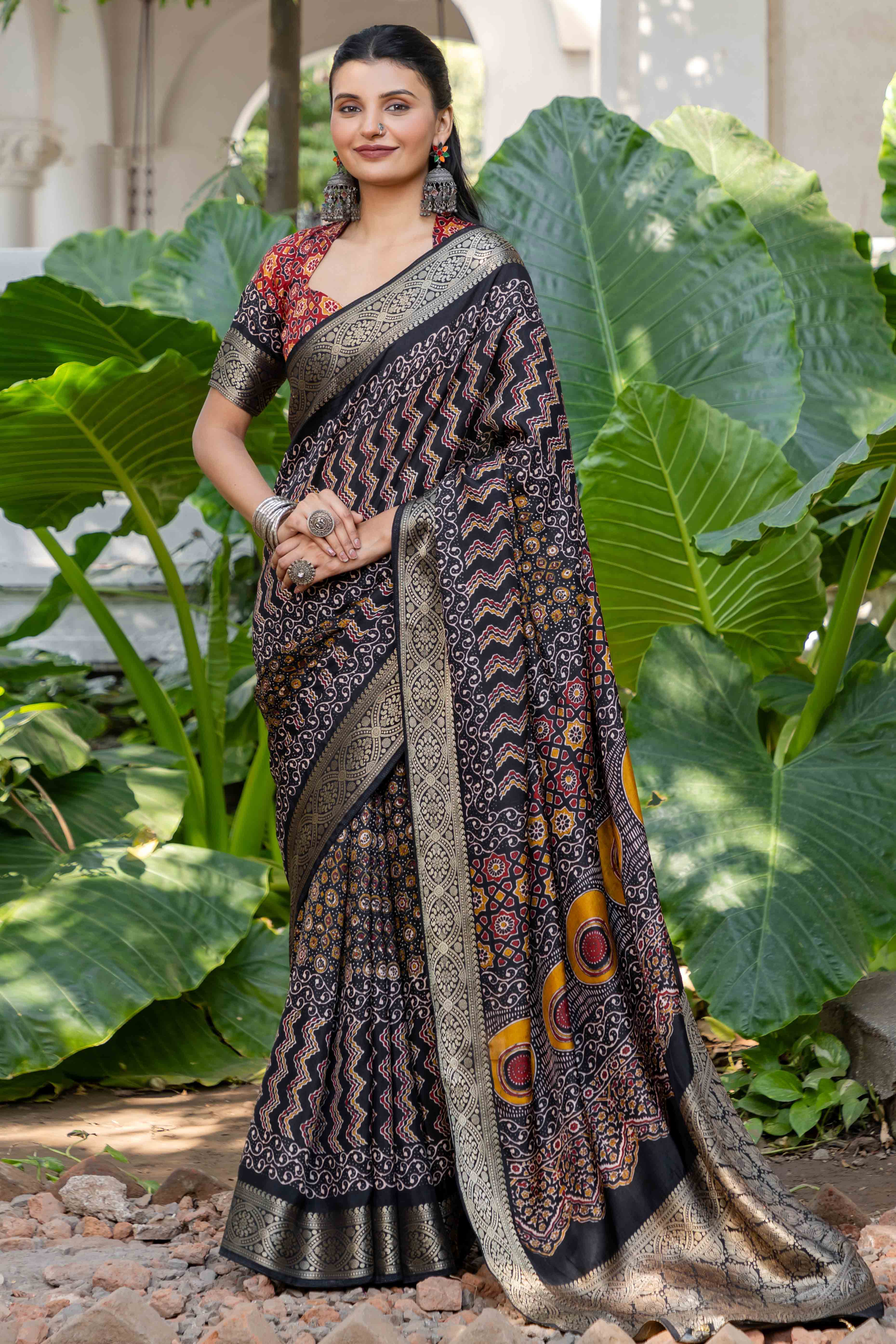 Black Ajrakh Printed Pure Viscose Saree