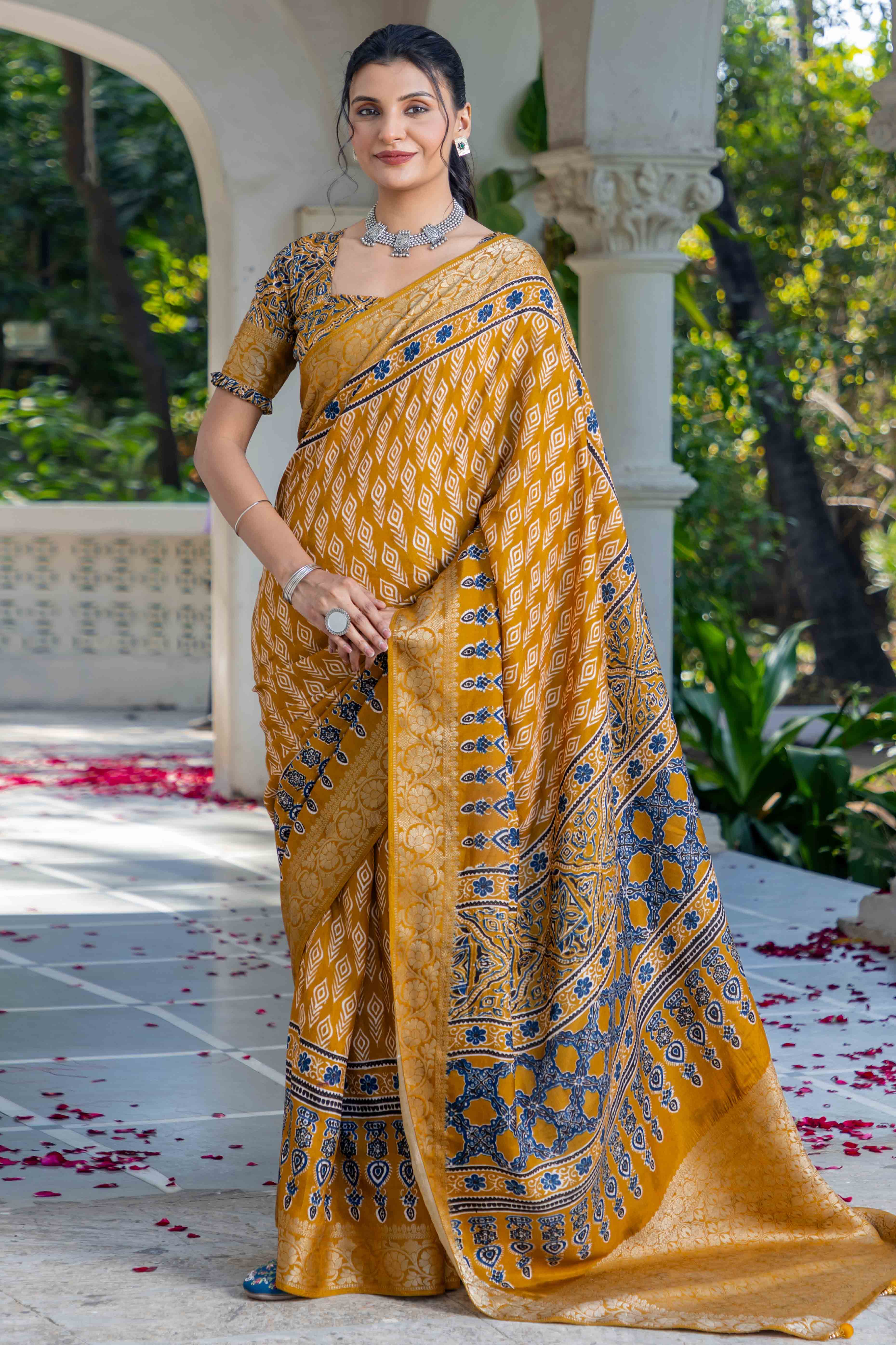 Mustard Ajrakh Printed Pure Viscose Saree