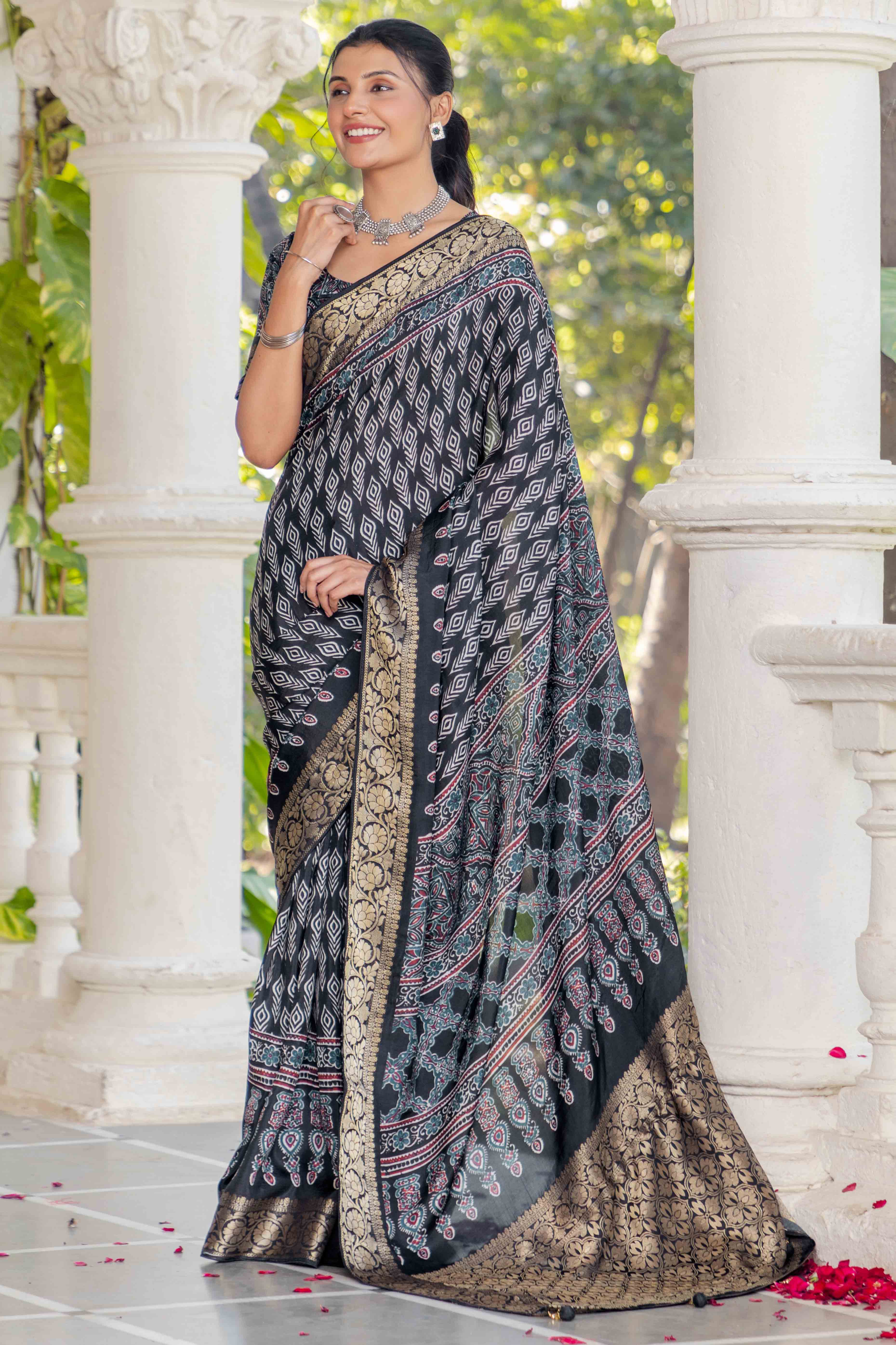 Black Ajrakh Printed Pure Viscose Saree