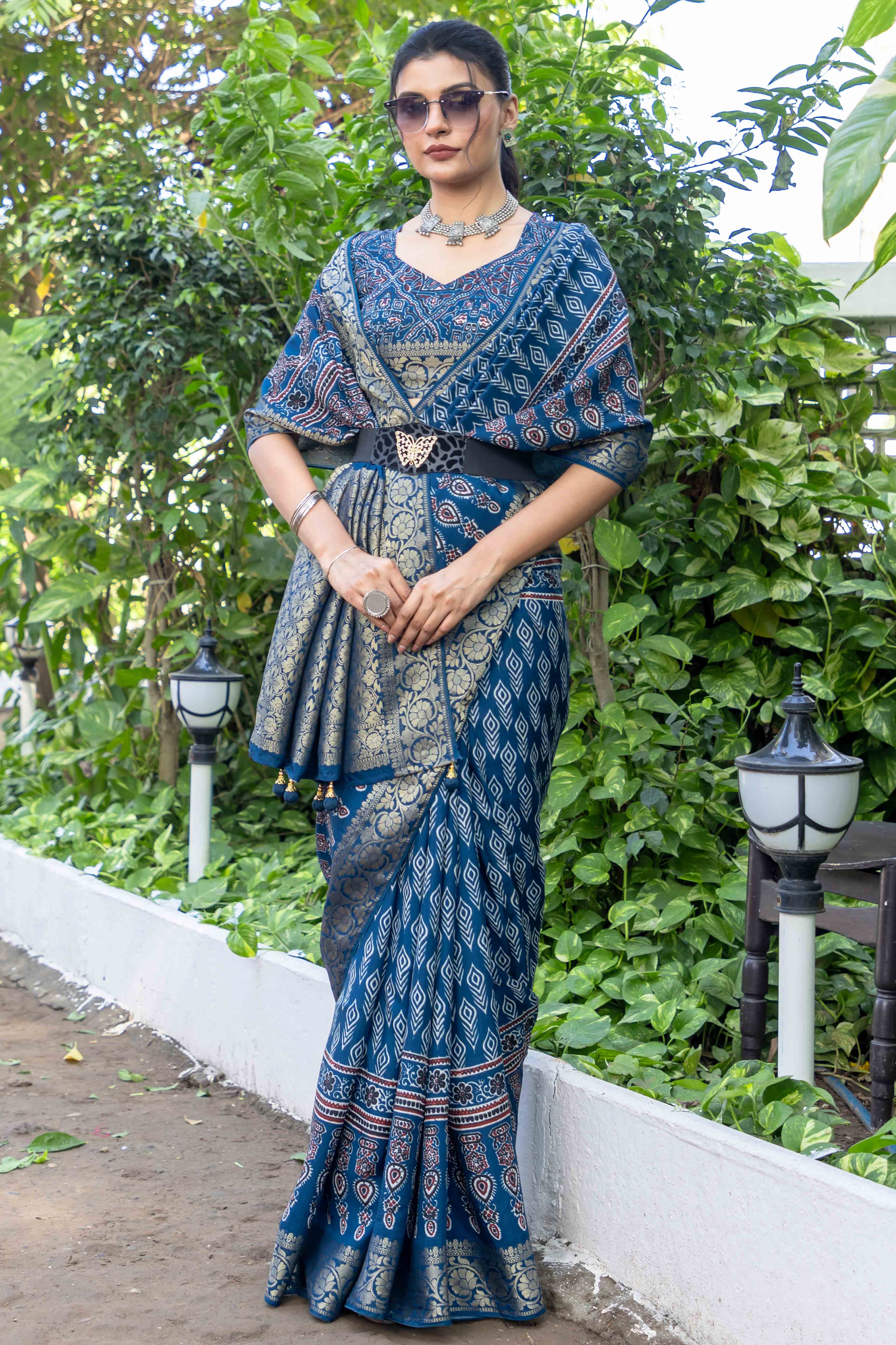 Teal Ajrakh Printed Pure Viscose Saree