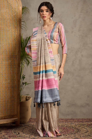 Beige Geometric Pattern Heritage Handloom Saree in Soft Cotton Silk