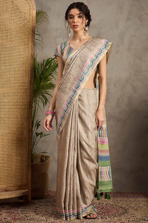 Minimalist Handloom Saree in Beige Cotton Silk Weave
