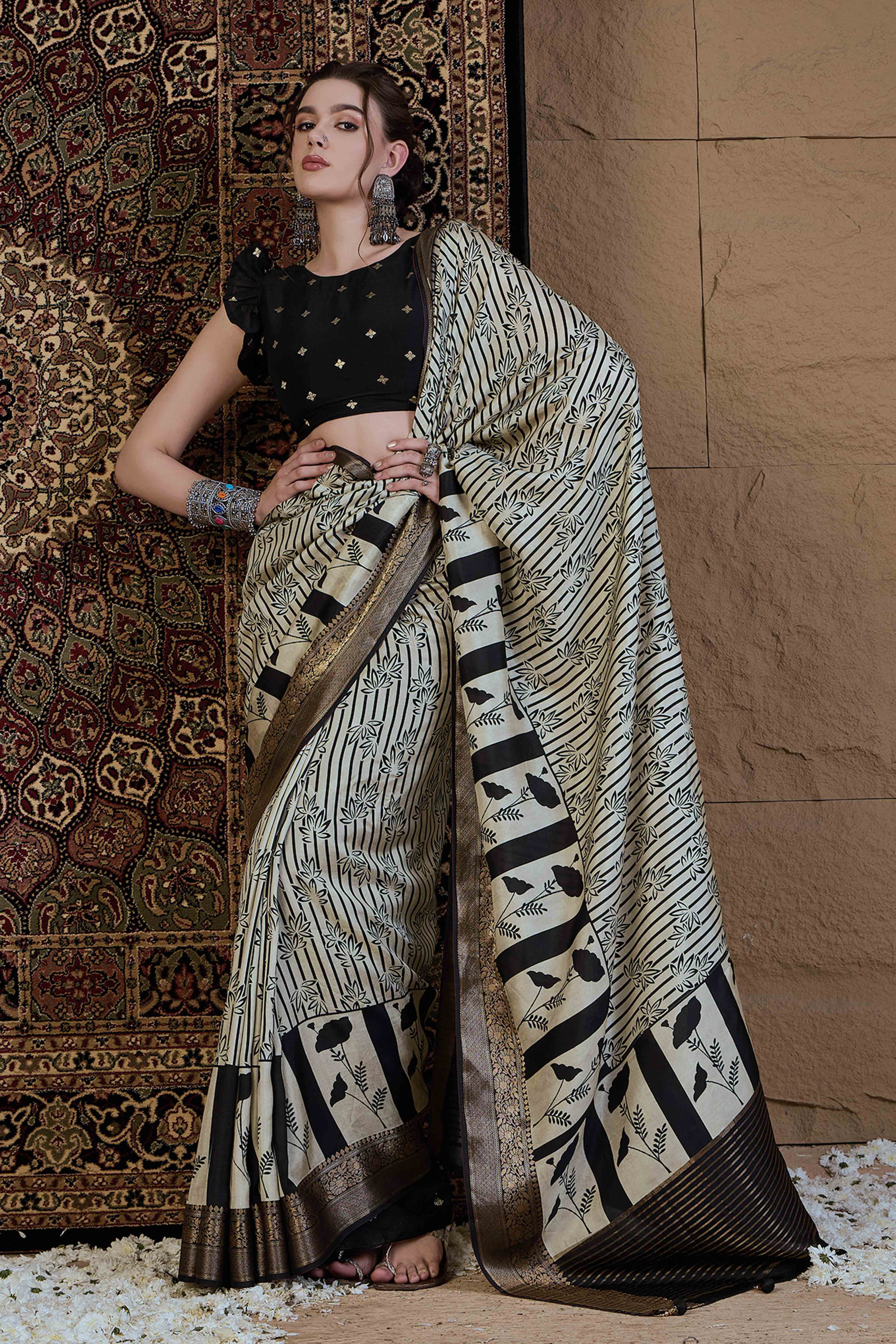 Off White & Black Floral Printed Viscose Saree