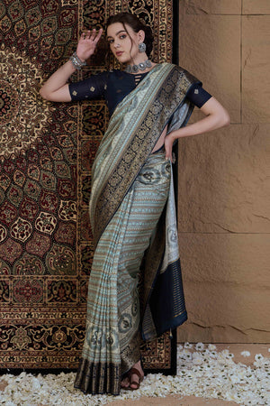 Sky Blue Floral Printed Viscose Saree