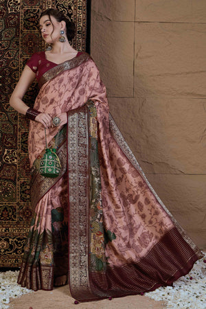 Peach Floral Printed Viscose Saree