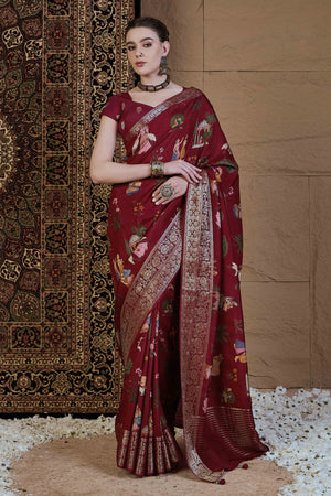 Maroon Floral Printed Viscose Saree
