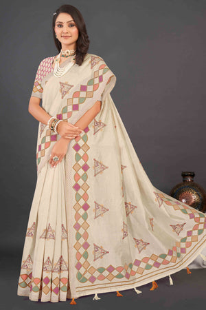 Beige Embroidered Linen Saree With Intricate Kantha Work & Tassel Border