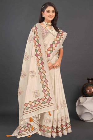 Beige Embroidered Linen Saree with Exquisite Kantha Work & Tassel Border