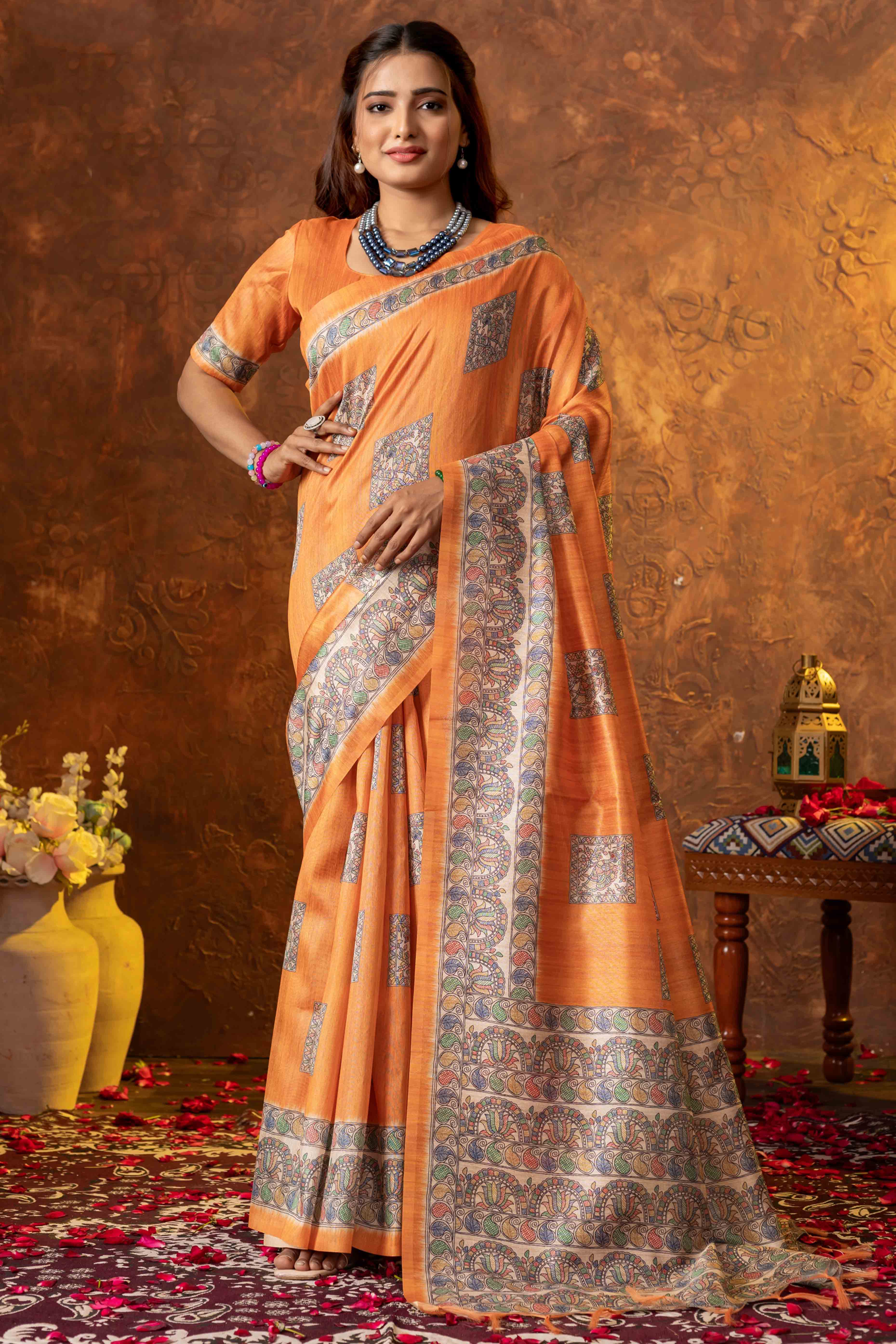 Orange Tussar Silk Saree with Traditional Mughal Prints