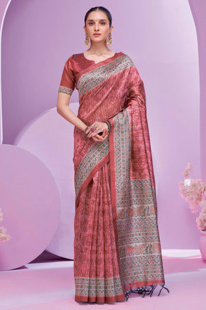 Rustic Red Ethnic Cotton Silk Saree Adorned with Madhubani Florals Print