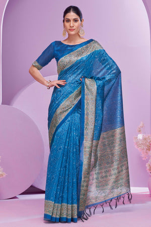 Teal Ethnic Cotton Silk Saree Adorned with Madhubani Florals Print