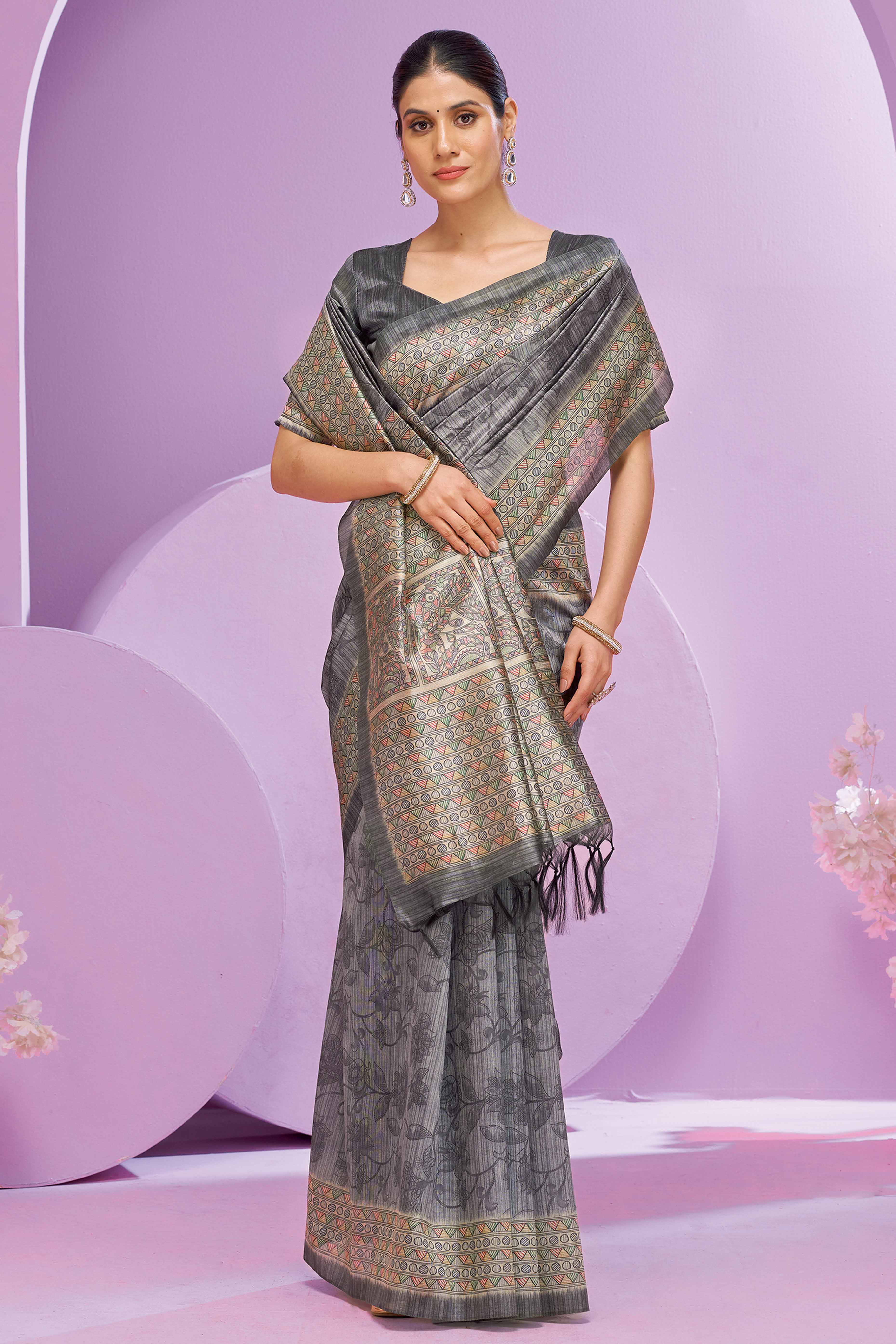 Grey Ethnic Cotton Silk Saree Adorned with Madhubani Florals Print