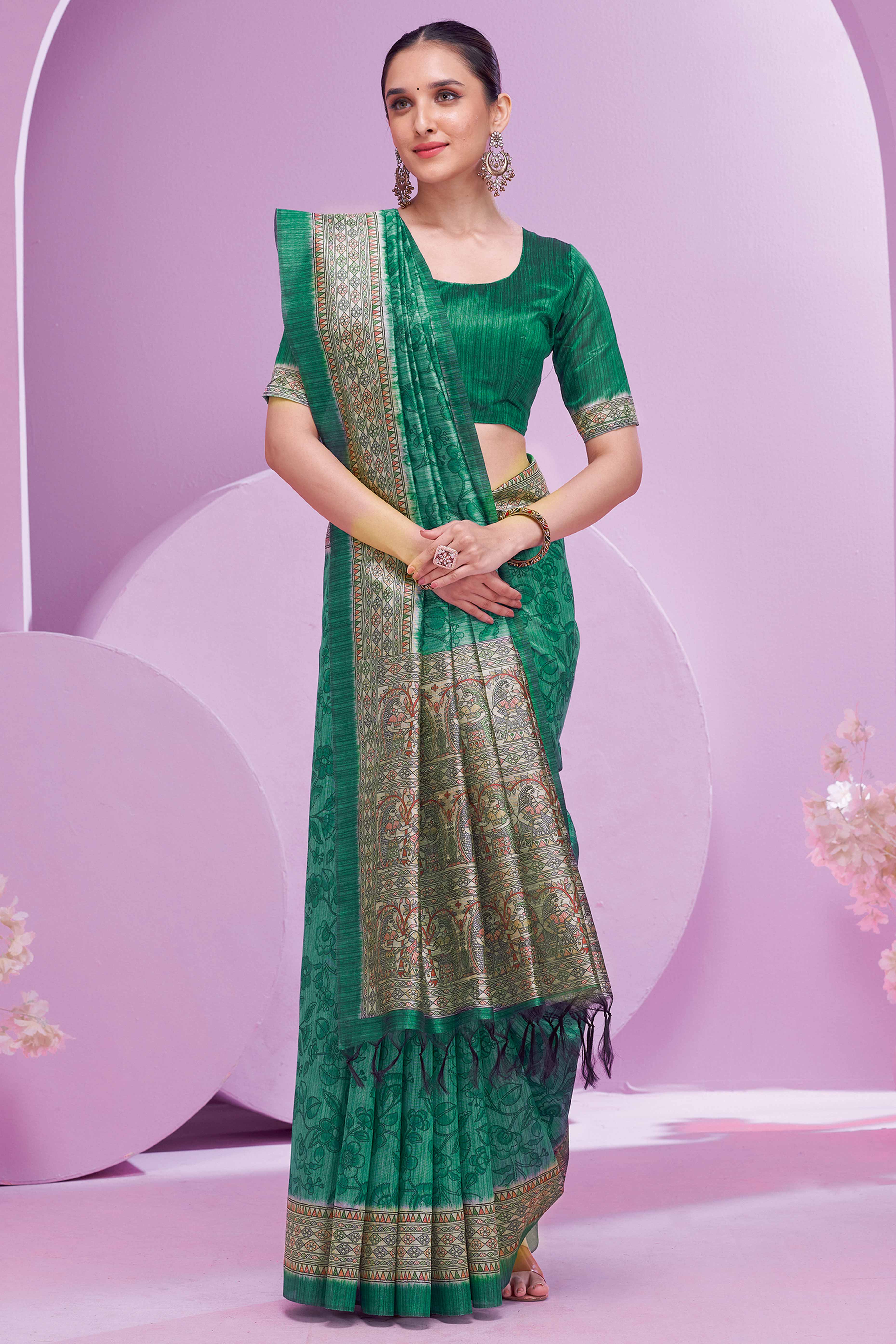 Rama Green Ethnic Cotton Silk Saree Adorned with Madhubani Florals Print