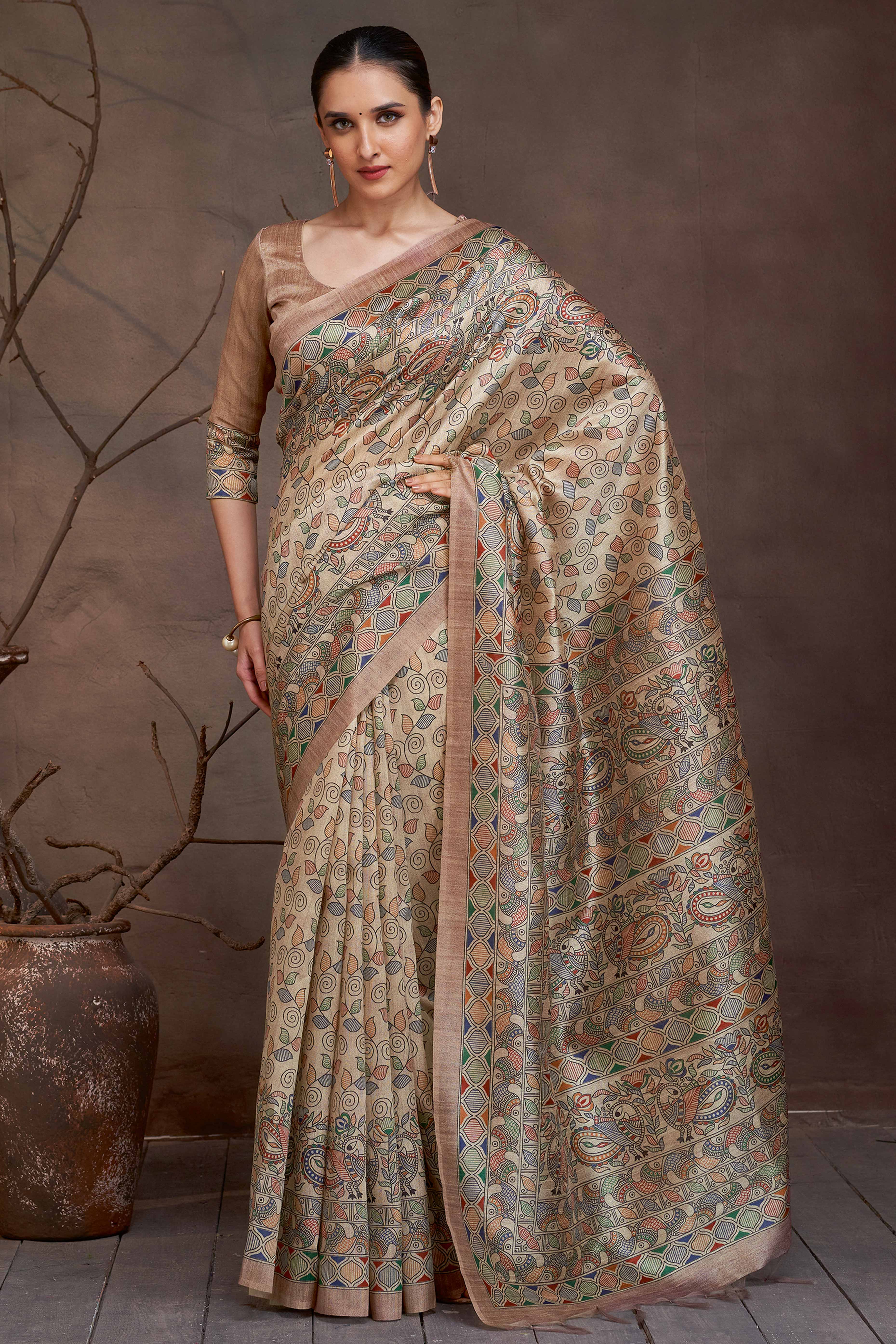 Beige Cotton Silk Saree with Floral Madhubani Print