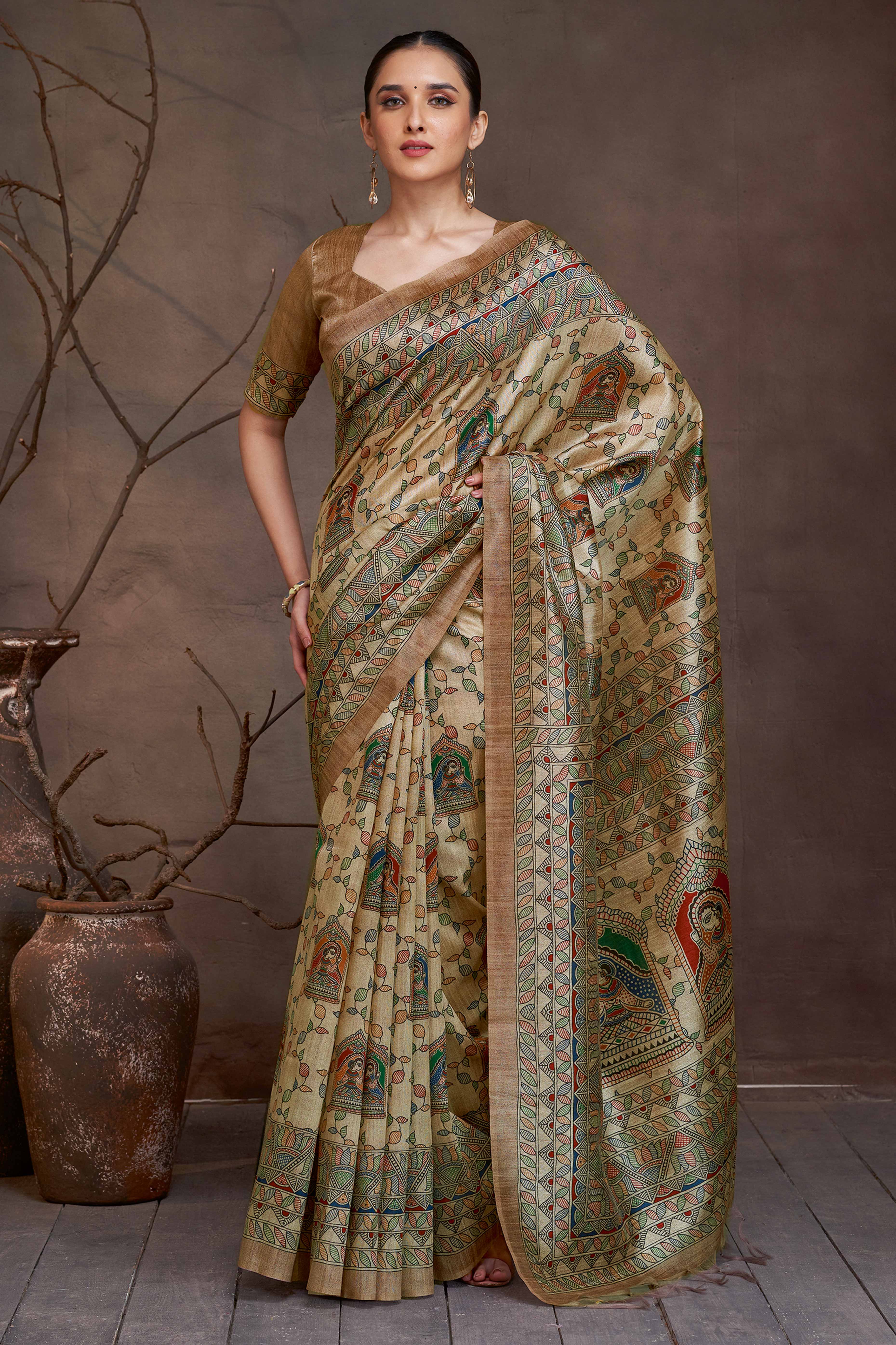 Beige Ethnic Cotton Silk Saree with Delicate Floral Madhubani Motifs