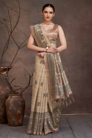 Floral Elegance in Beige Madhubani Print on Soft Cotton Silk