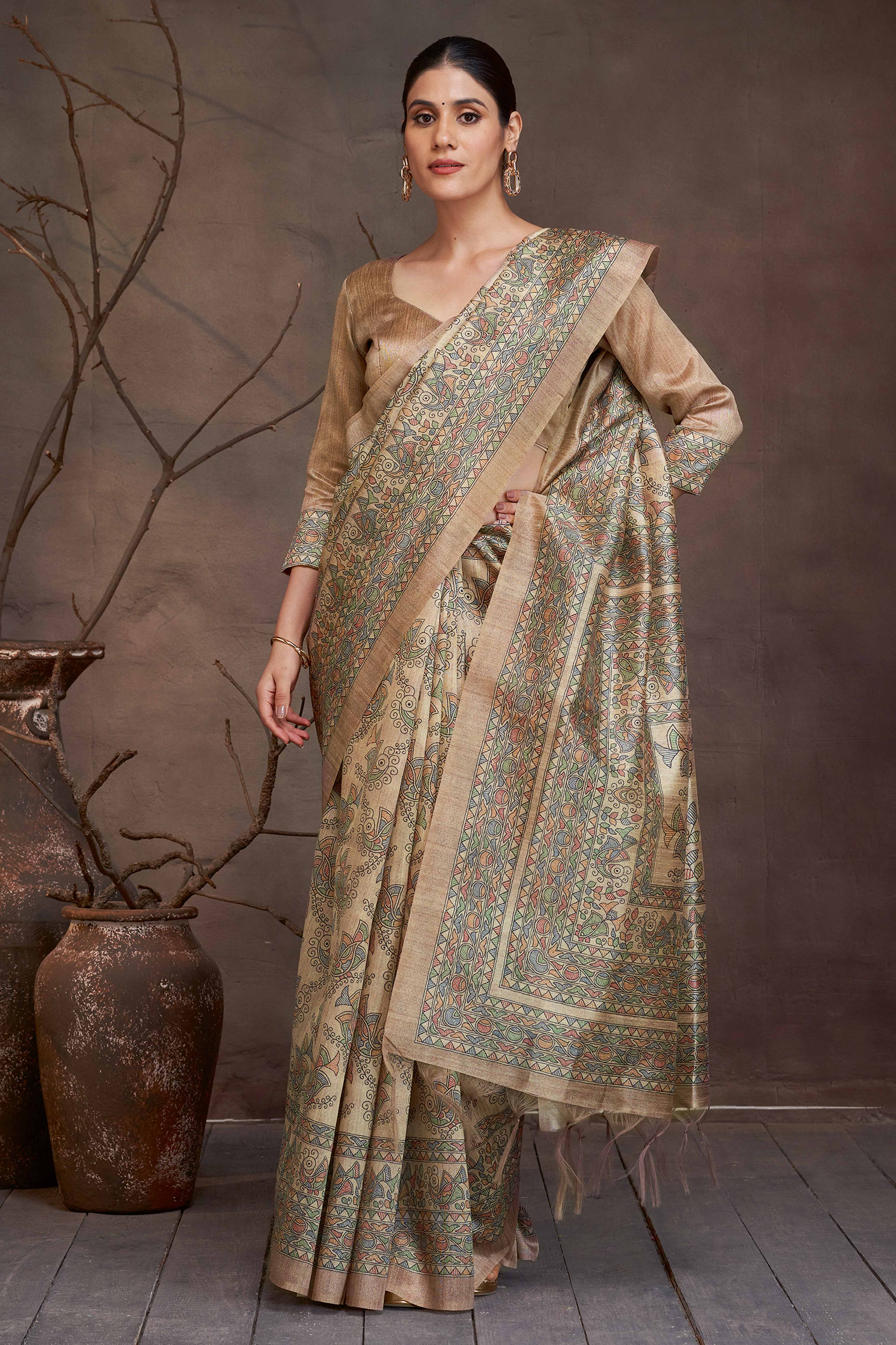 Timeless Beige Saree with Ethnic Madhubani Floral Art