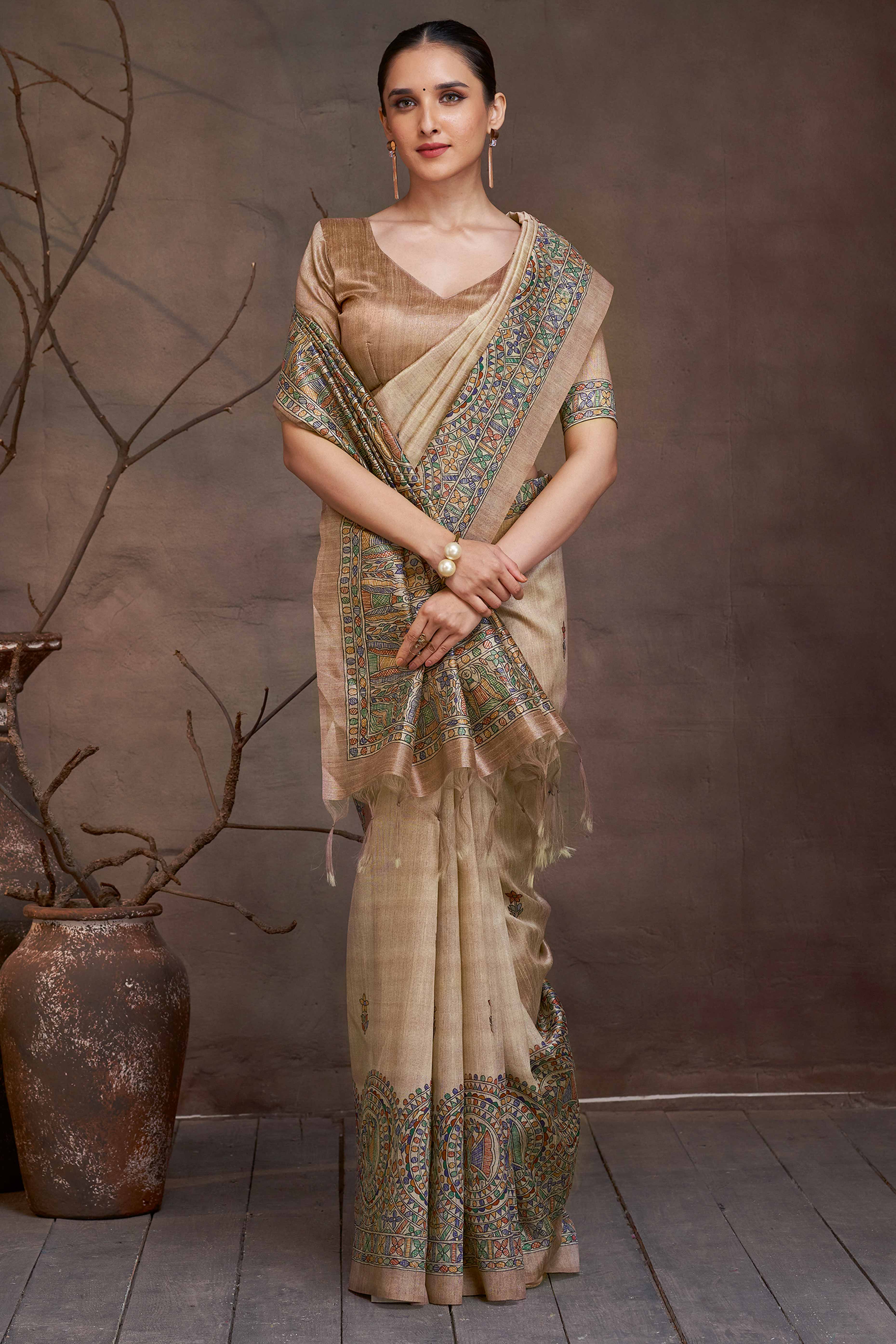 Beige Woven Cotton Silk Saree Adorned with Madhubani Blooms