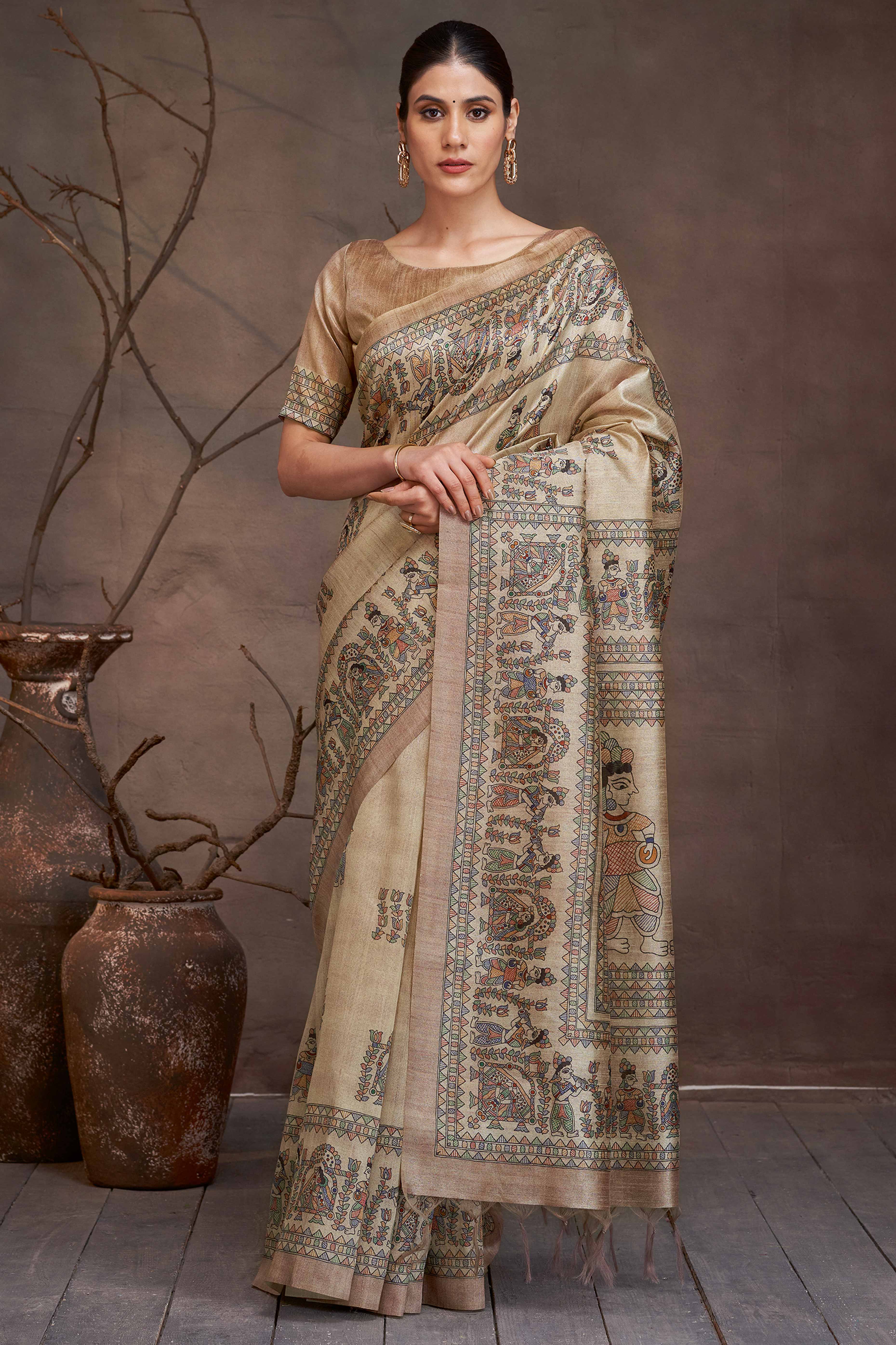 Art Inspired Beige Cotton Silk Saree with Floral Madhubani Touch
