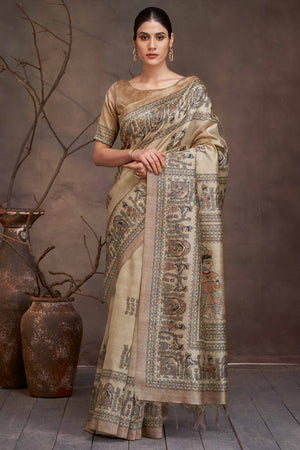 Art Inspired Beige Cotton Silk Saree with Floral Madhubani Touch